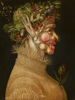 Das Bild zeigt ein Porträt mit einer menschlichen Figur, deren Kopf aus einer Vielzahl von Obst und Gemüse besteht. Die Figur trägt eine Kleidung aus Stroh und Getreide, die kunstvoll gestaltet ist. Insgesamt vermittelt das Bild eine Verbindung zur Natur und Fruchtbarkeit.