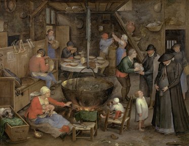 Eine historische Szene in einer ländlichen Küche. Menschen sitzen und stehen um einen großen Kessel, während einige essen oder mit Kindern interagieren. Die Einrichtung ist rustikal, mit Holzregalen und verschiedenen Utensilien. Zwei Frauen stehen an der Seite, während ein Hund auf dem Boden sitzt.