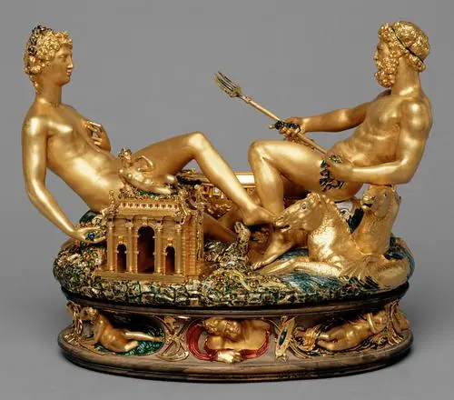 A gilded sculpture featuring two reclining figures representing deities, surrounded by intricate elements including horses and a stylized architectural structure. The male figure holds a trident, while the female figure gazes toward him, both set atop a decorative base with relief carvings.