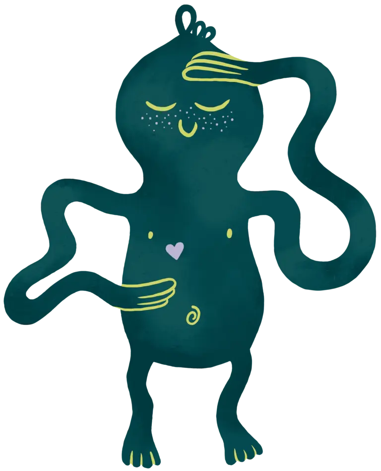 Ein fantasievolles, humanoides Wesen mit einem runden Körper und mehreren Armen. Es hat einen zufriedenen Gesichtsausdruck, schließt die Augen und berührt mit einer Hand den Kopf. Auf der Brust befindet sich ein kleines herzförmiges Symbol. Die Farben sind in verschiedenen Grüntönen gehalten.