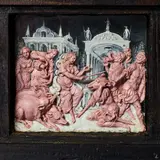 Eine kunstvolle Reliefdarstellung mit mehreren Figuren, darunter Frauen und Männer, die verschiedene Szenen darstellen. Im Vordergrund sind Tiere zu sehen, während im Hintergrund architektonische Elemente und weitere Personen abgebildet sind. Die Figuren scheinen in Interaktion miteinander zu stehen.