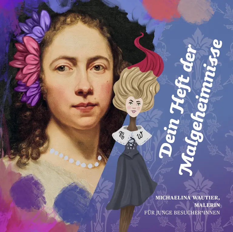 Das Bild zeigt ein Porträt einer Frau mit Blumen im Haar und einem sanften Ausdruck. Neben ihr befindet sich eine Illustration einer anderen Frau in historischer Kleidung. Der Text „Dein Heft der Malgeheimnisse“ und der Name „Michaelina Wautier, Malerin“ sind deutlich sichtbar.