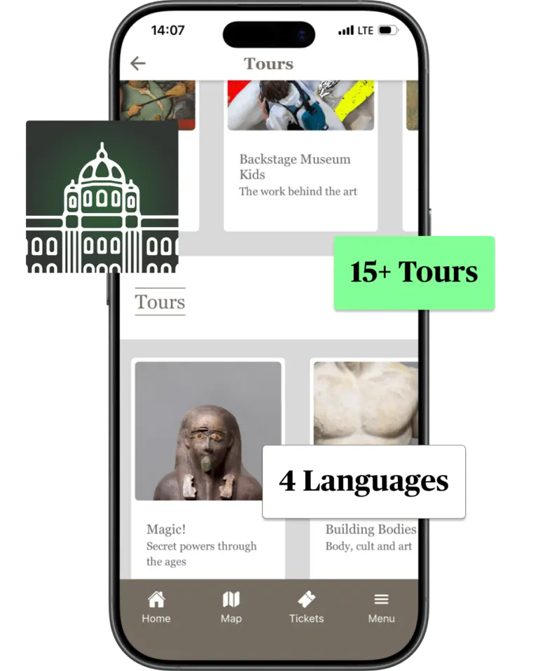 A smartphone screen displays a tours app offering over 15 tours in 4 languages. The main features include 