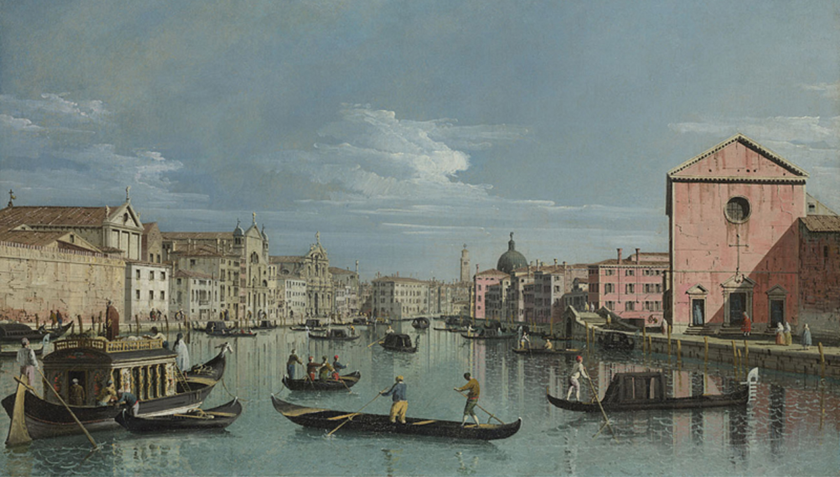 Ein malerischer Blick auf einen venezianischen Kanal mit mehreren Gondeln und Booten. Historische Gebäude mit unterschiedlichen architektonischen Stilen säumen die Ufer, und der Himmel ist leicht bewölkt, was eine ruhige Atmosphäre schafft.