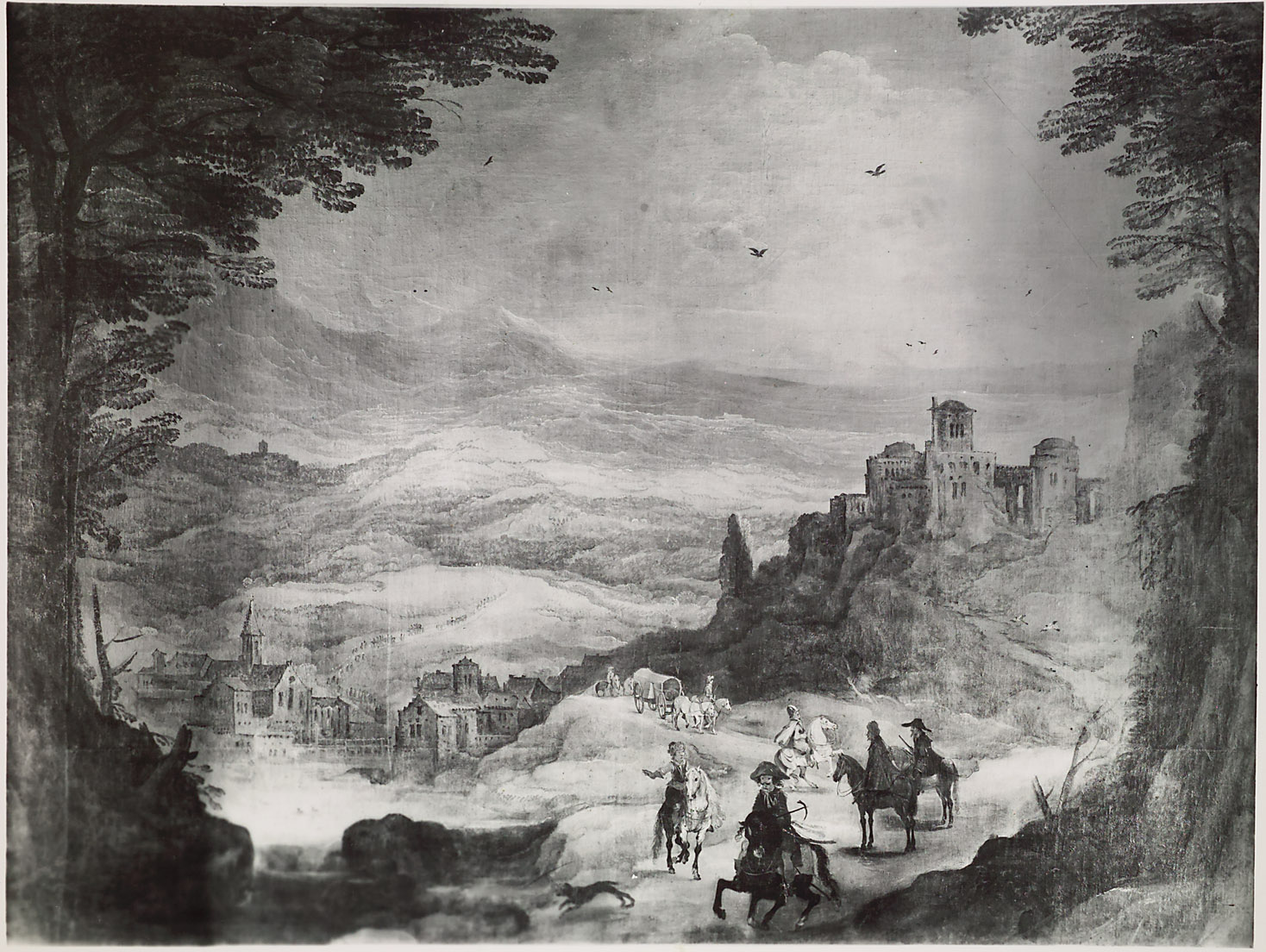 Landschaft mit Festung und Reitern