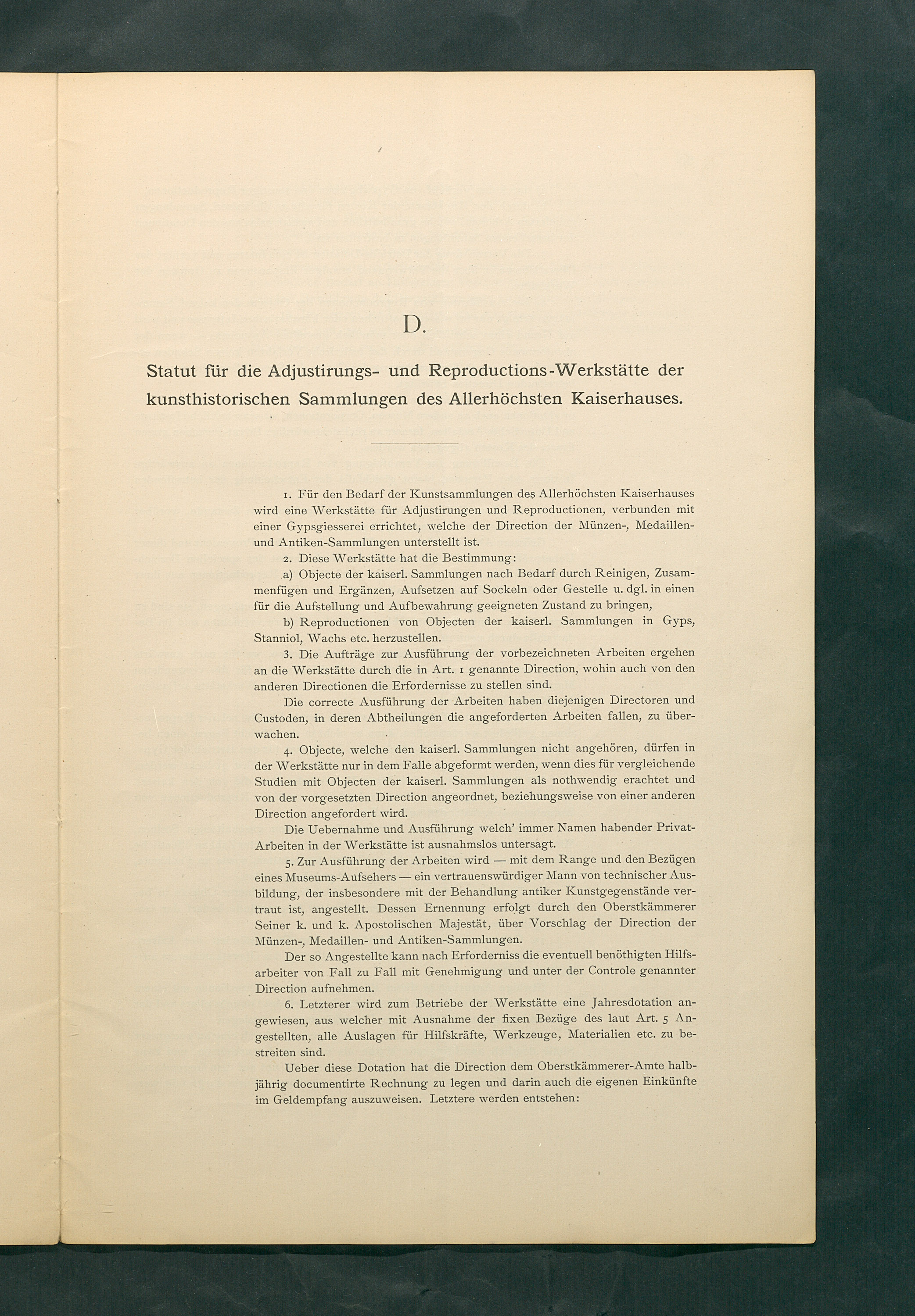 Bestimmungen für den Dienstbetrieb in den kunsthistorischen Sammlungen des Allerhöchsten Kaiserhauses