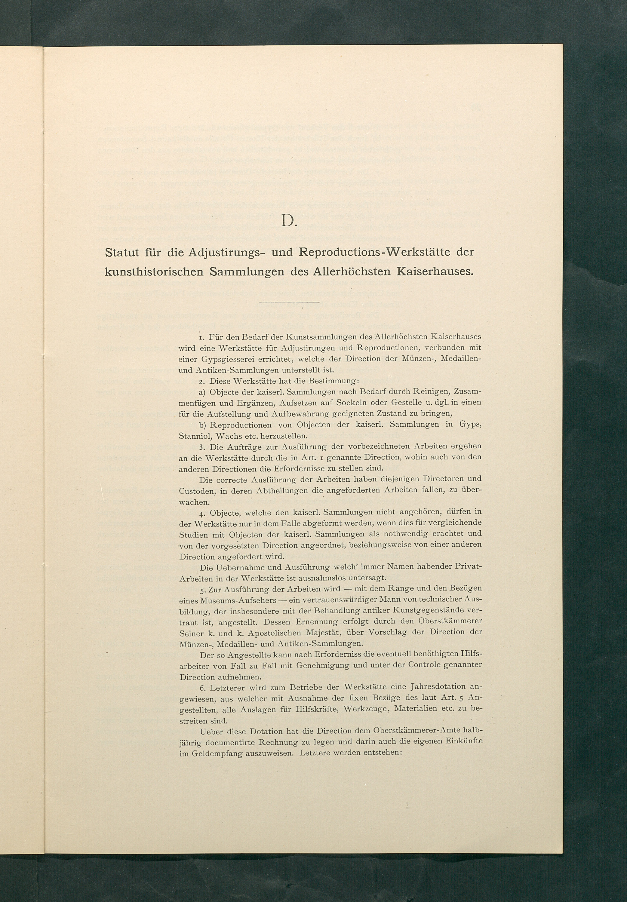Bestimmungen für den Dienstbetrieb in den kunsthistorischen Sammlungen des Allerhöchsten Kaiserhauses