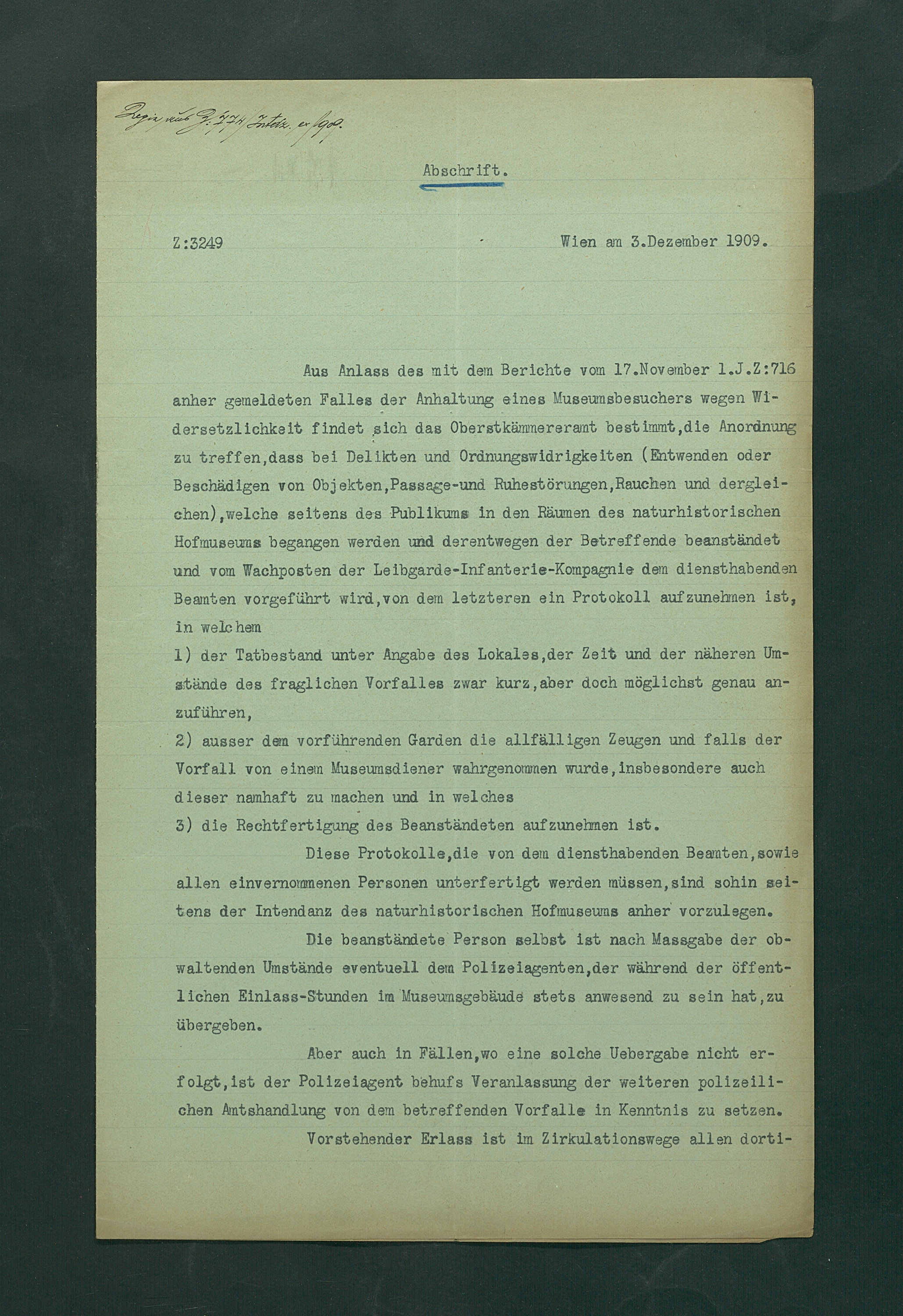 Verhalten bei Delikten und Ordnungswidrigkeiten im Naturhistorischen Museum (Abschrift)