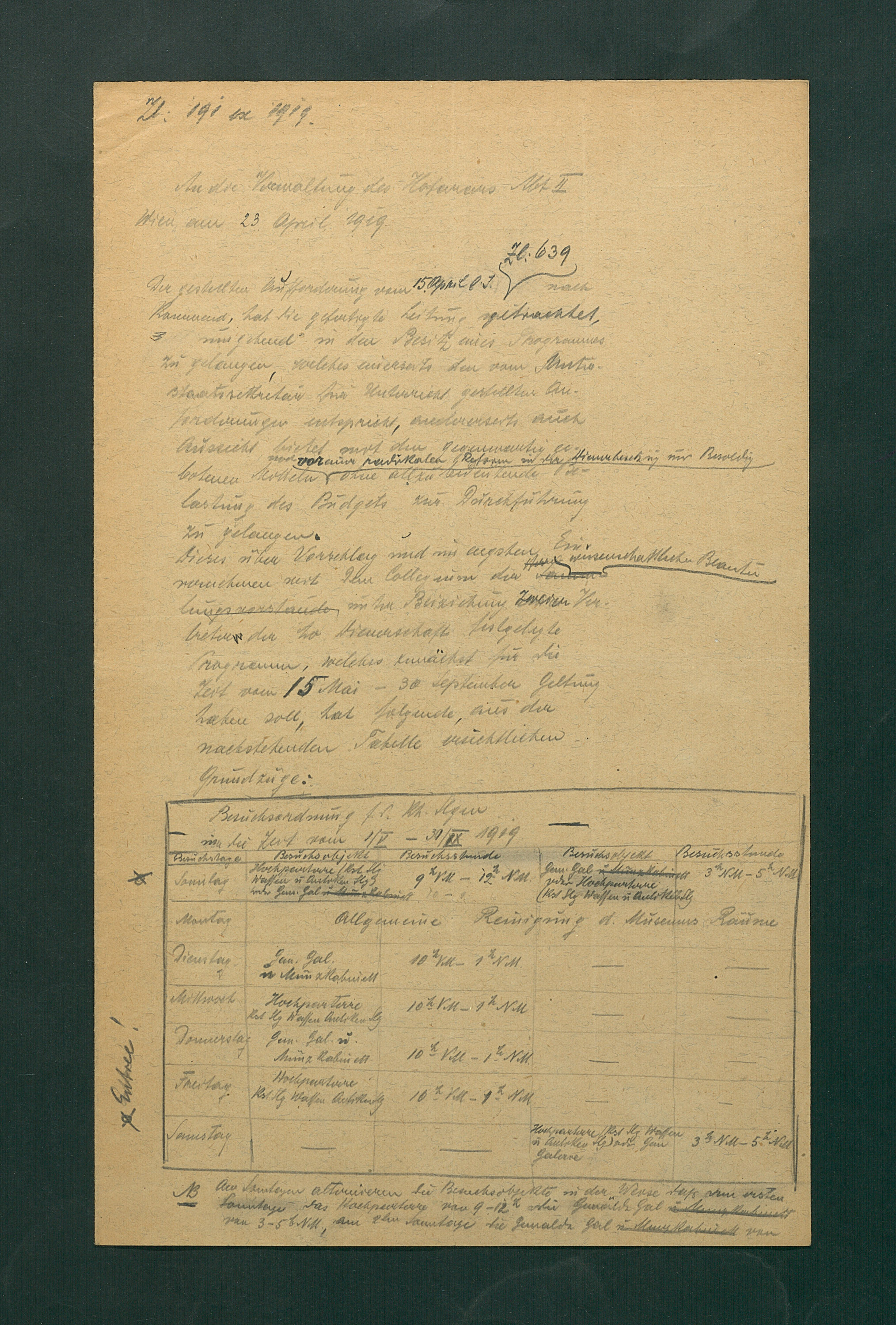 Besuchsordnung des Kunsthistorischen Museums für den Sommer 1919