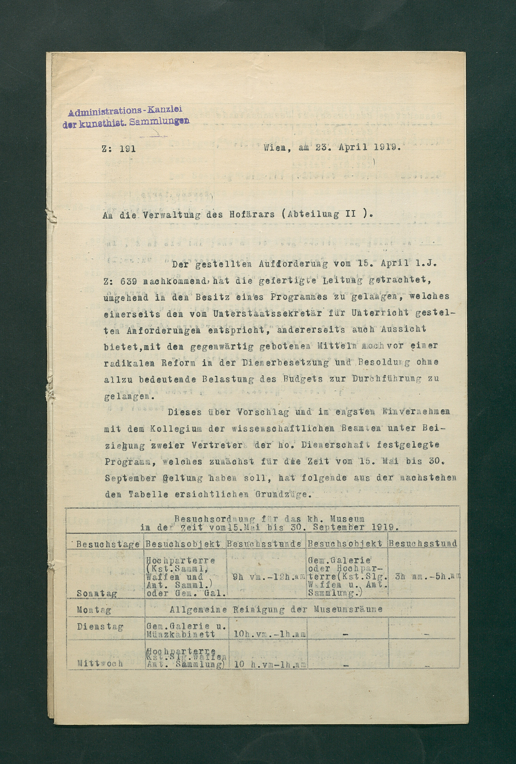 Besuchsordnung des Kunsthistorischen Museums für den Sommer 1919