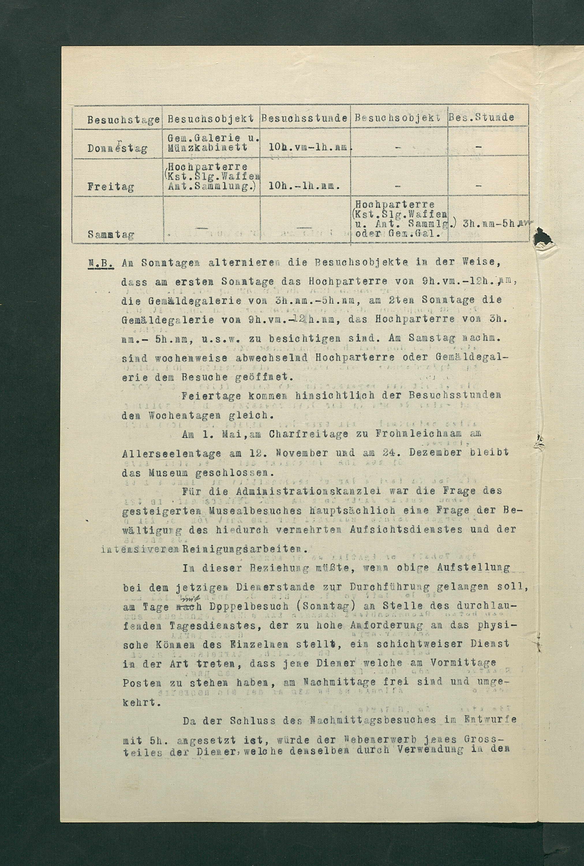 Besuchsordnung des Kunsthistorischen Museums für den Sommer 1919