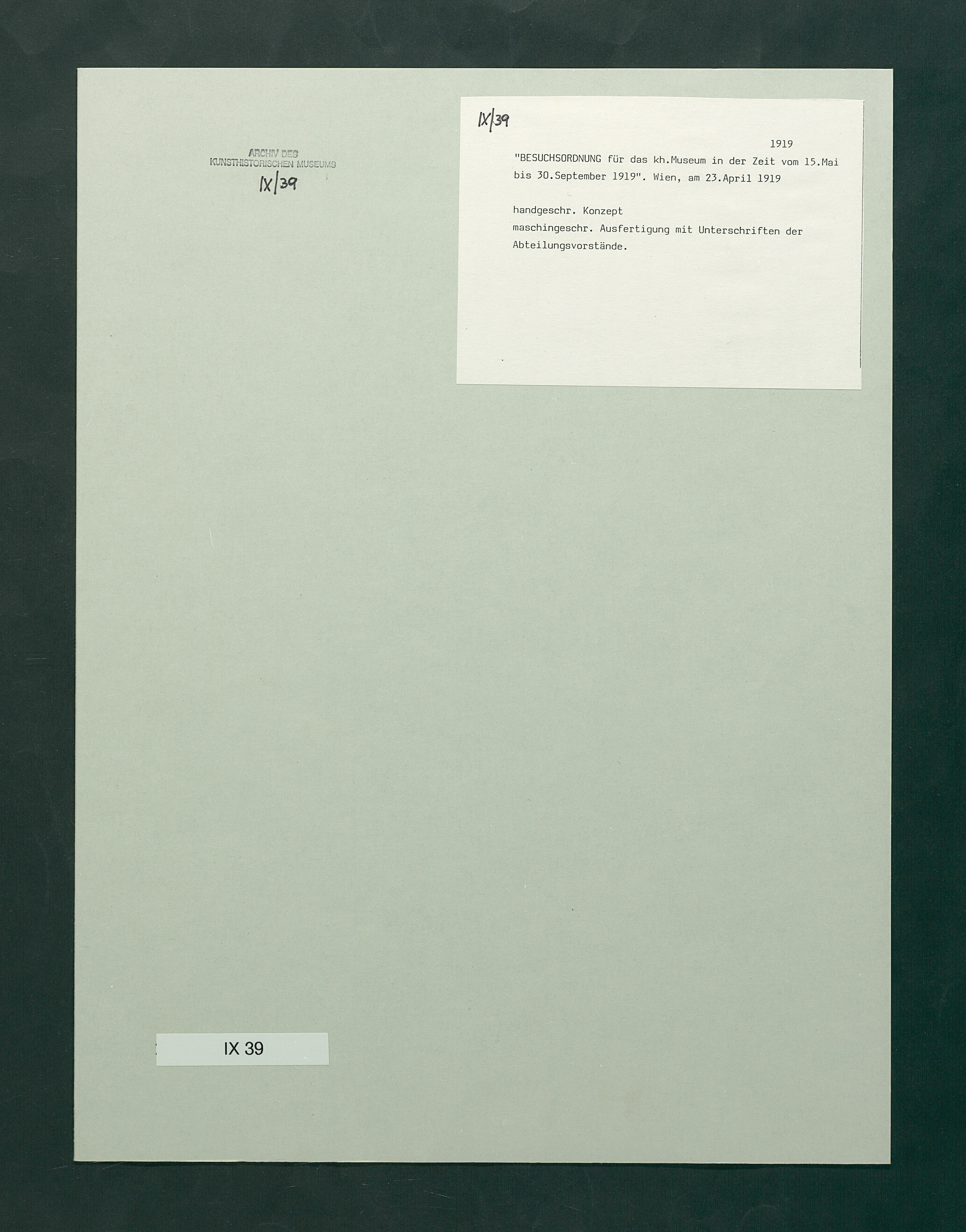 Besuchsordnung des Kunsthistorischen Museums für den Sommer 1919