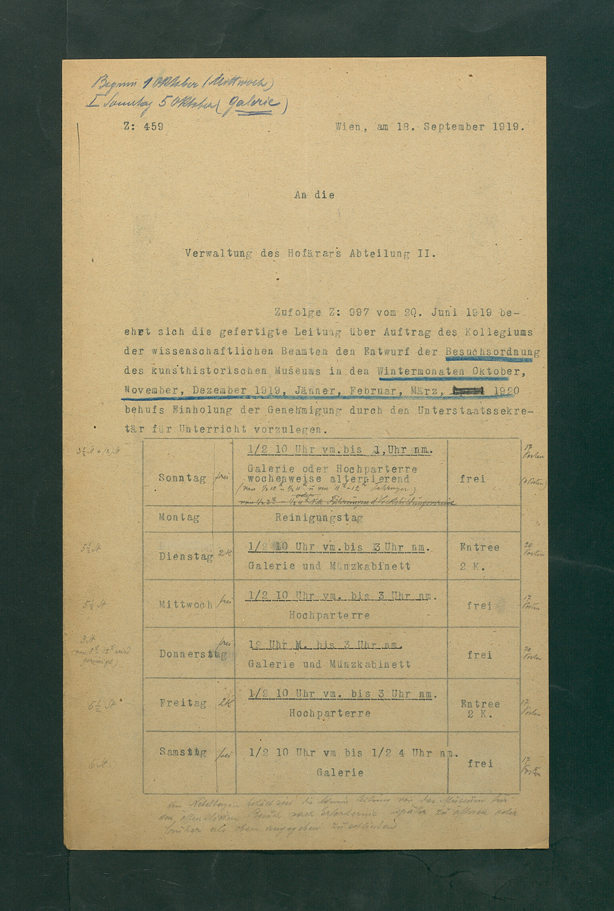 Entwurf einer Besuchsordnung für das Kunsthistorische Museum, Winter 1919/20