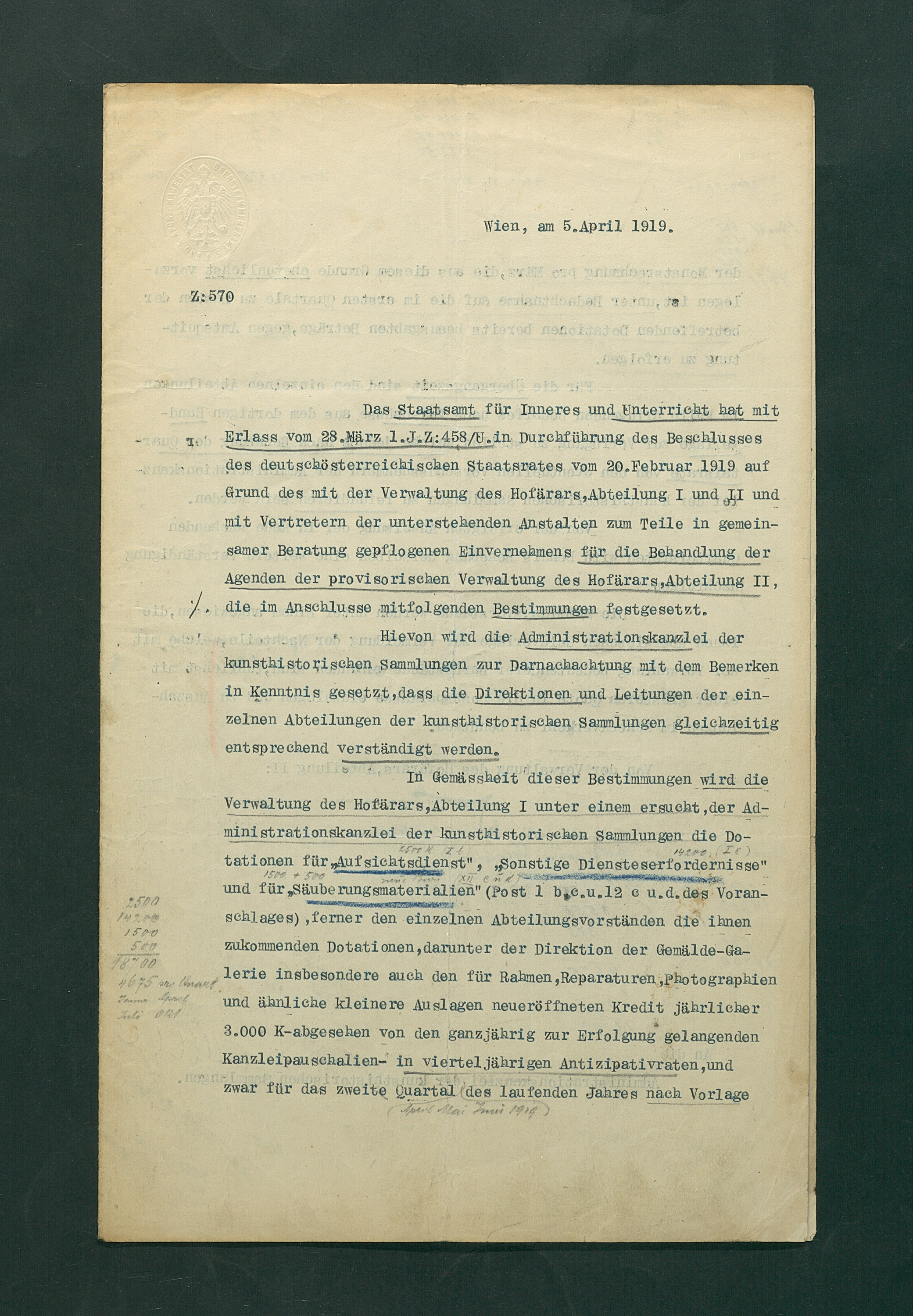 Bestimmungen zu den Agenden der provisorischen Verwaltung durch den Hofärar