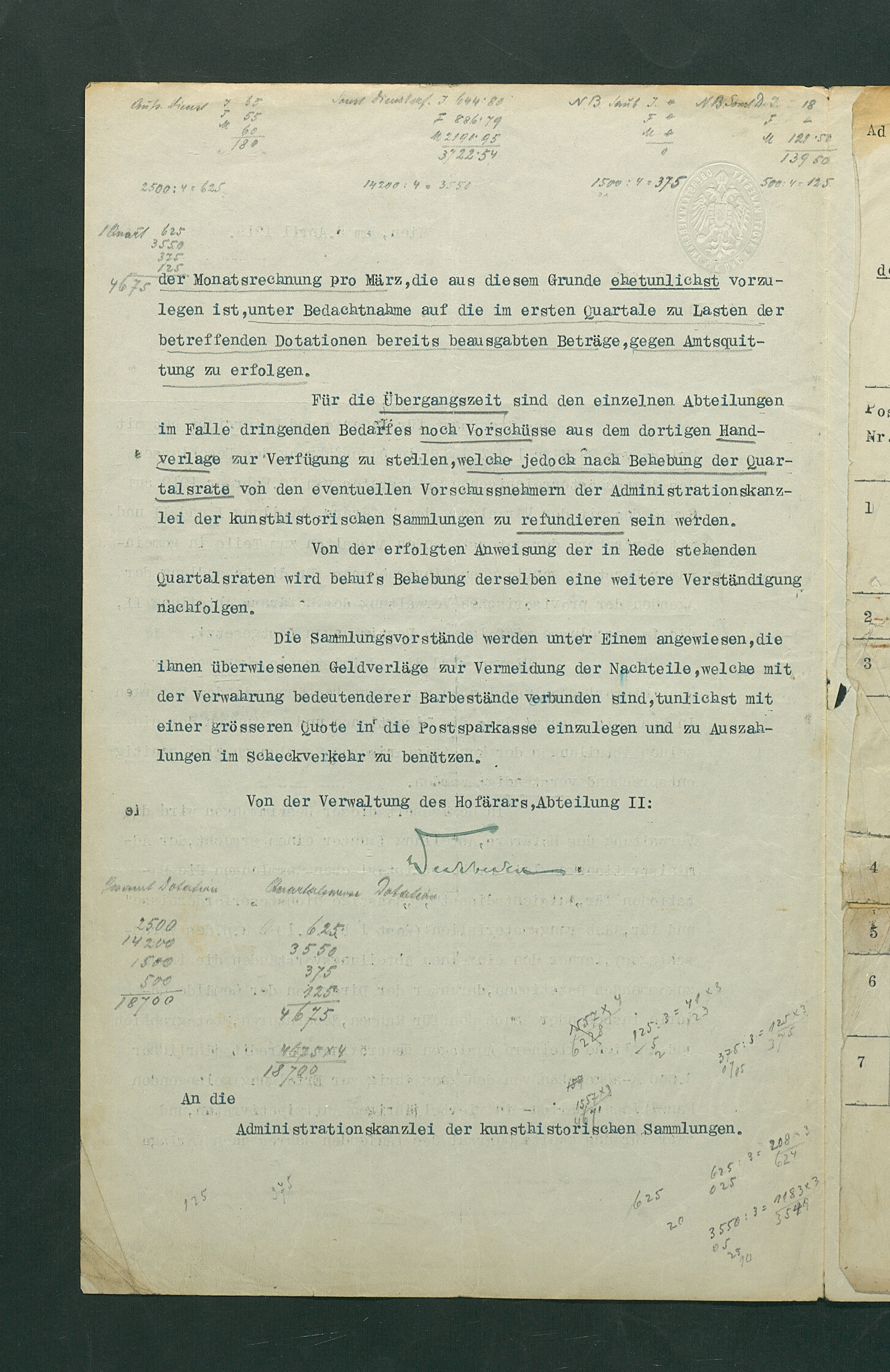 Bestimmungen zu den Agenden der provisorischen Verwaltung durch den Hofärar