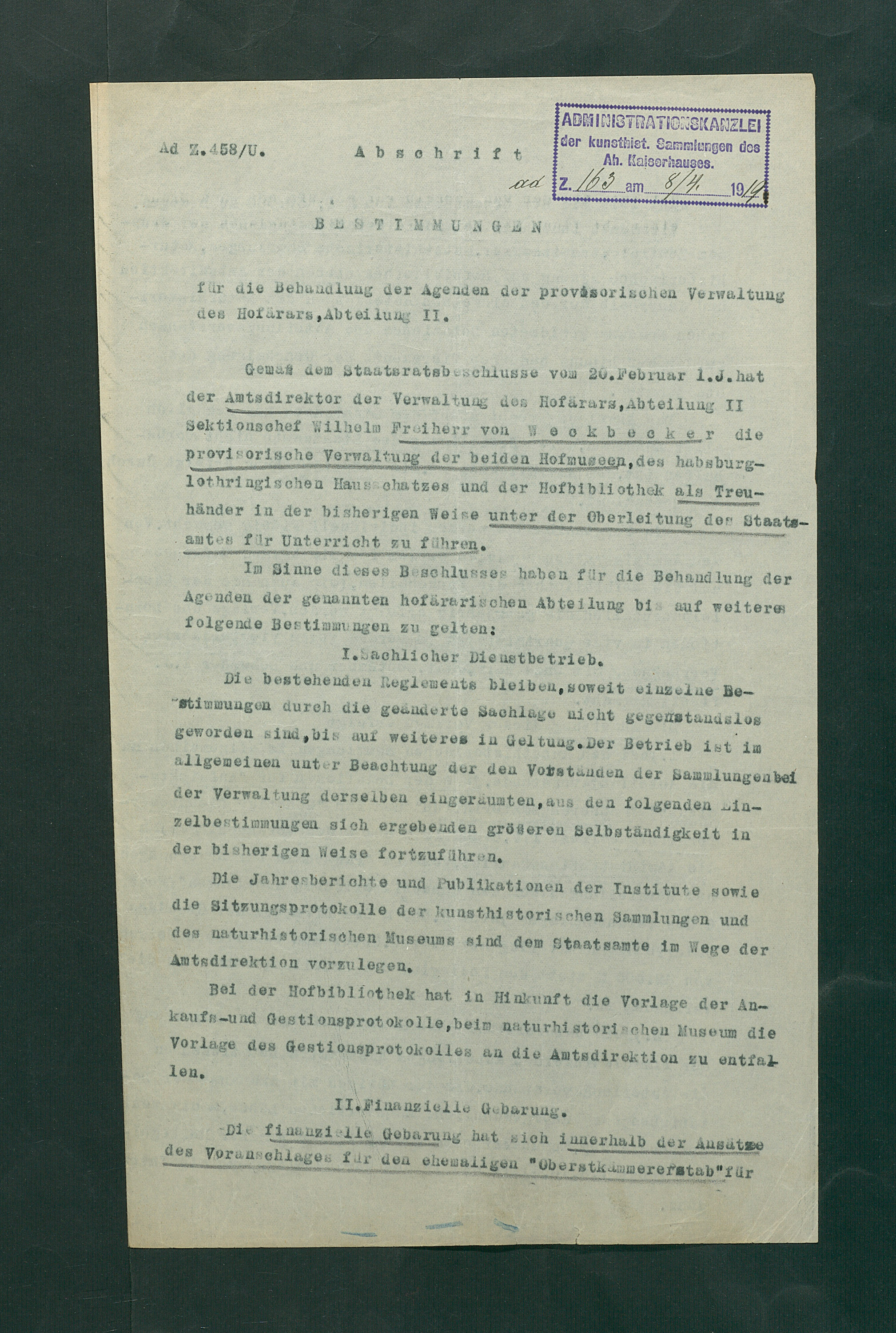 Bestimmungen zu den Agenden der provisorischen Verwaltung durch den Hofärar