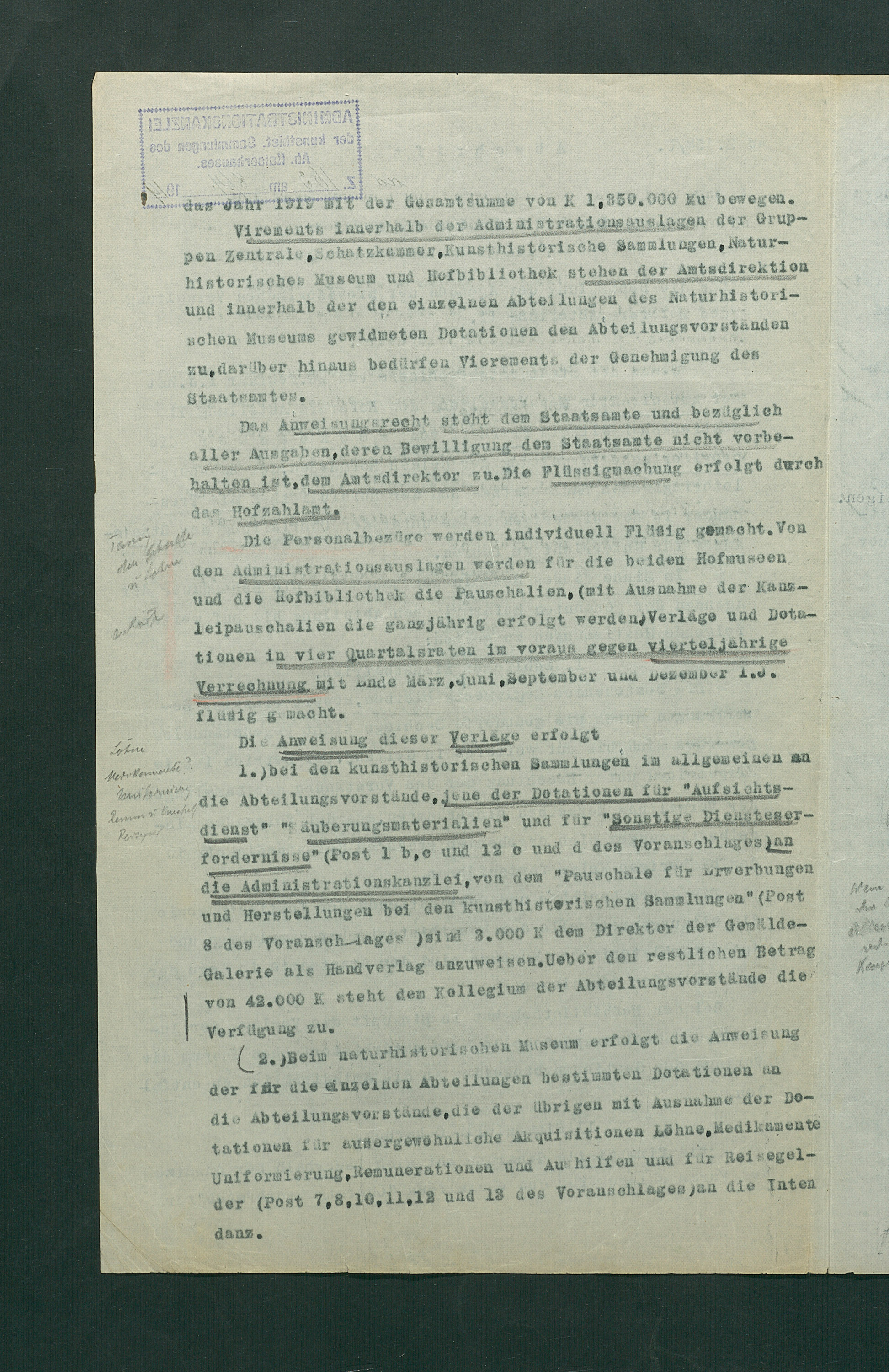 Bestimmungen zu den Agenden der provisorischen Verwaltung durch den Hofärar