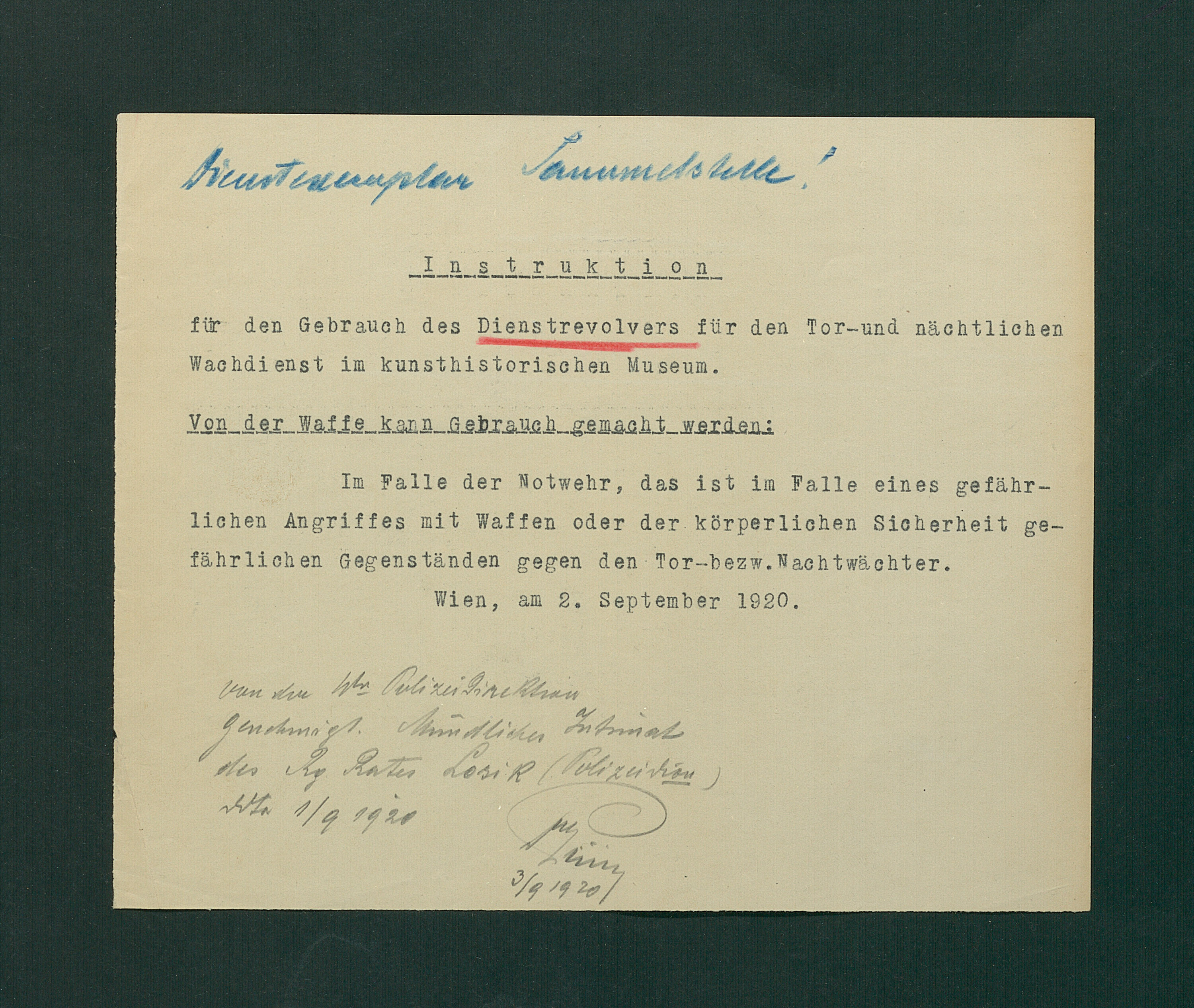 Instruktion für den Gebrauch des Dienstrevolvers für den Tor- und nächtlichen Wachdienst im Kunsthistorischen Museum