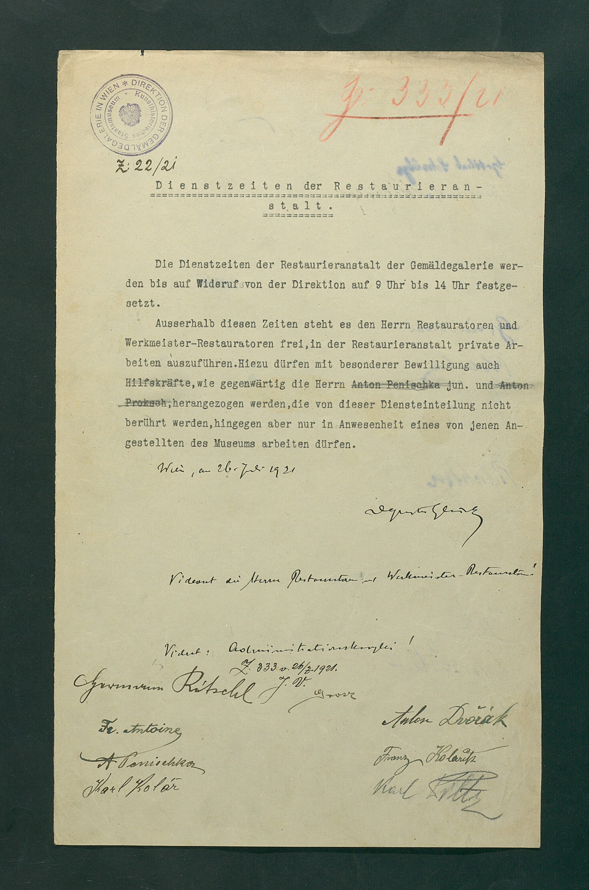 Dienstzeiten der Restaurieranstalt
