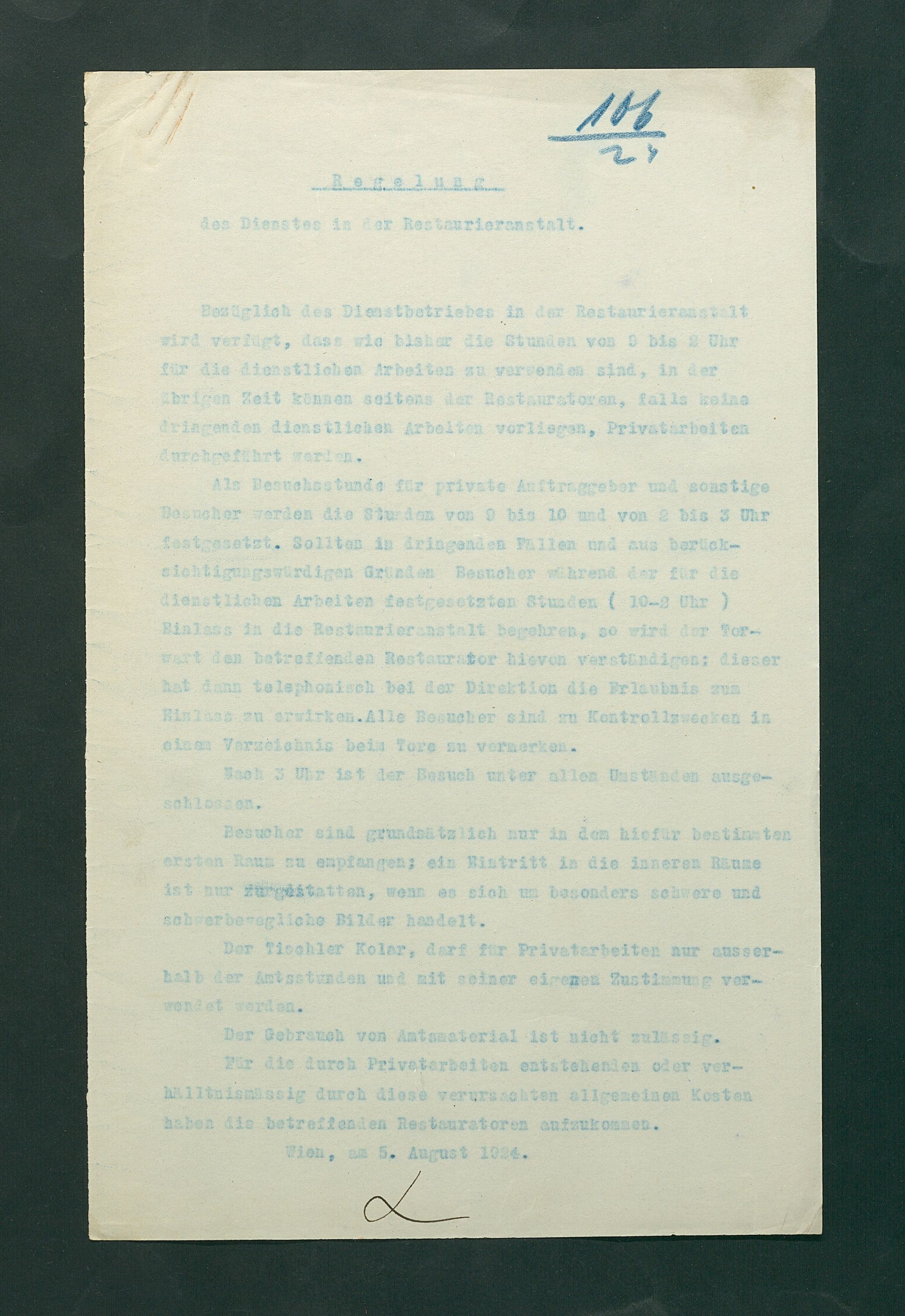 Regelung des Dienstes in der Restaurieranstalt