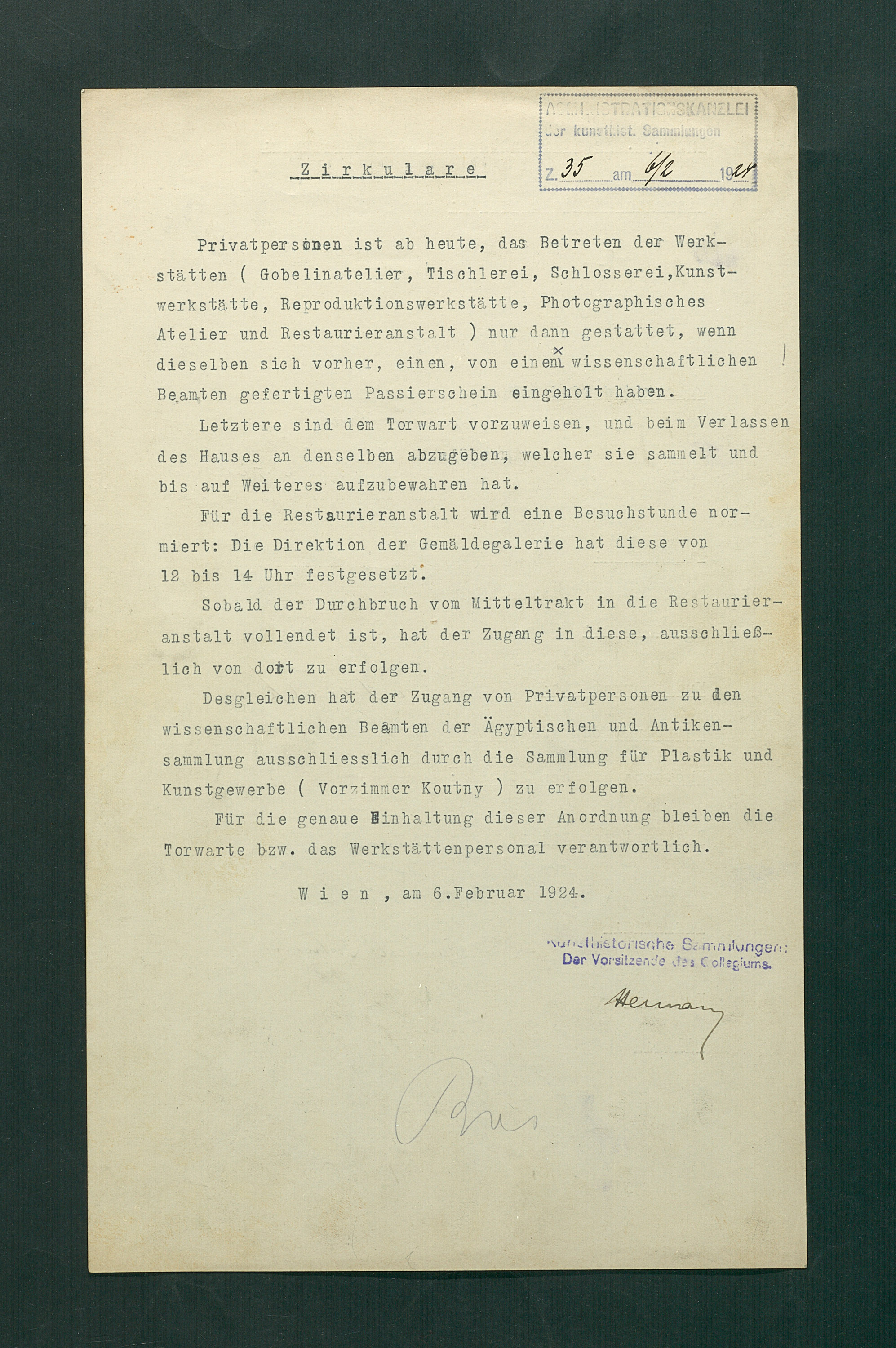 Anordnung an das Personal betreffend Passierscheinausgabe