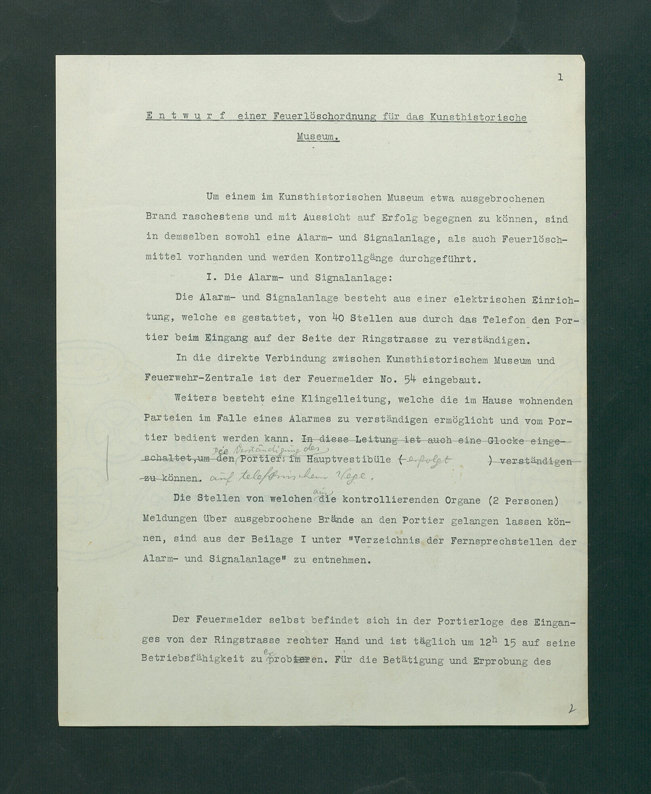 Entwurf einer Feuerlöschordnung für das Kunsthistorische Museum, 1926