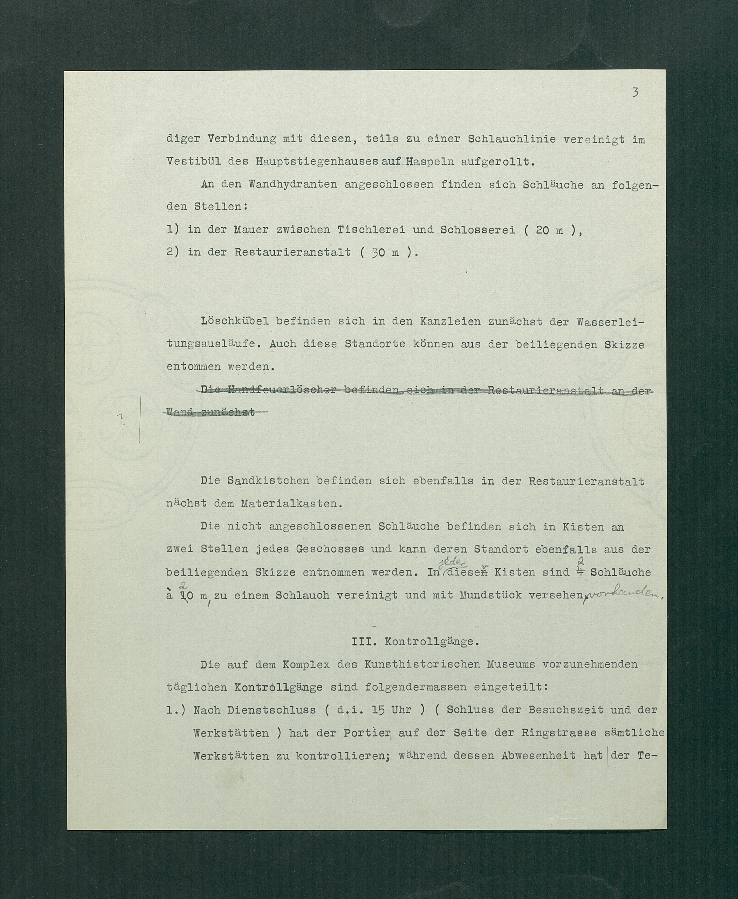 Entwurf einer Feuerlöschordnung für das Kunsthistorische Museum, 1926