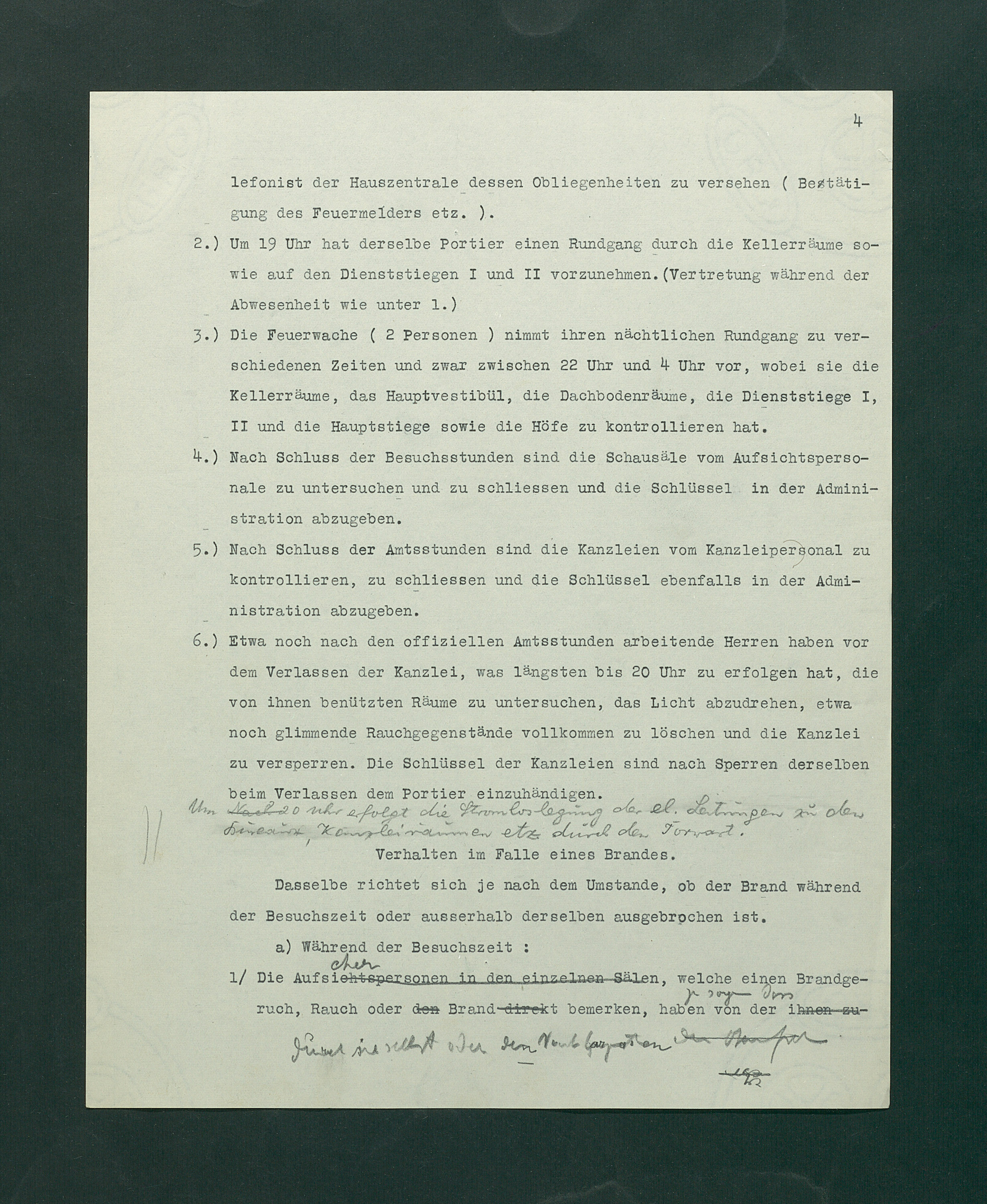 Entwurf einer Feuerlöschordnung für das Kunsthistorische Museum, 1926