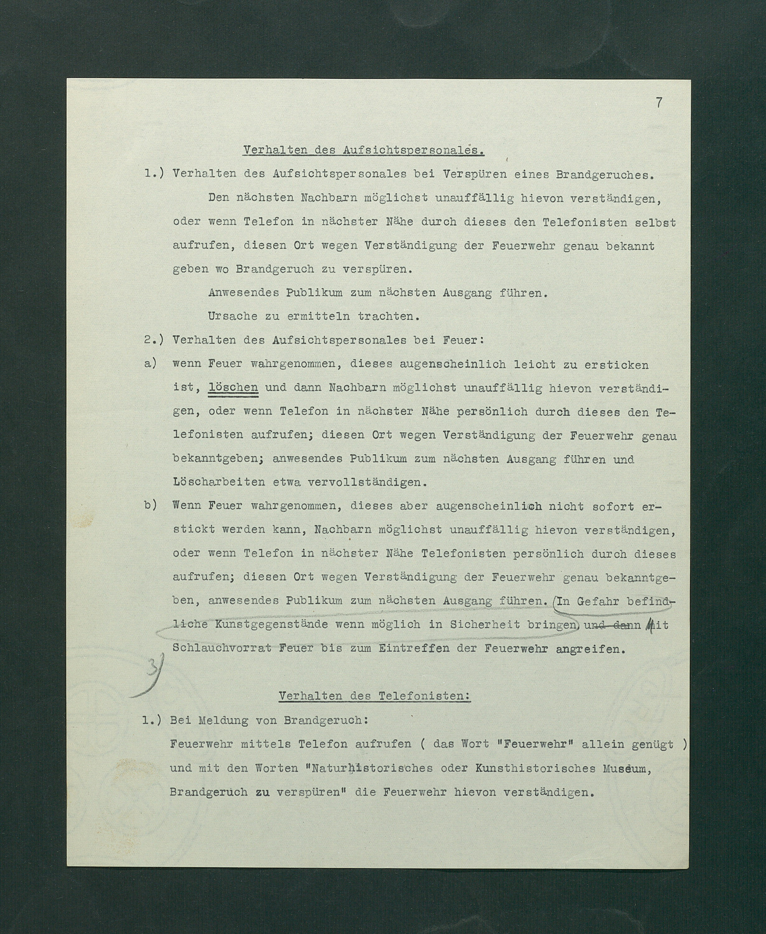 Entwurf einer Feuerlöschordnung für das Kunsthistorische Museum, 1926
