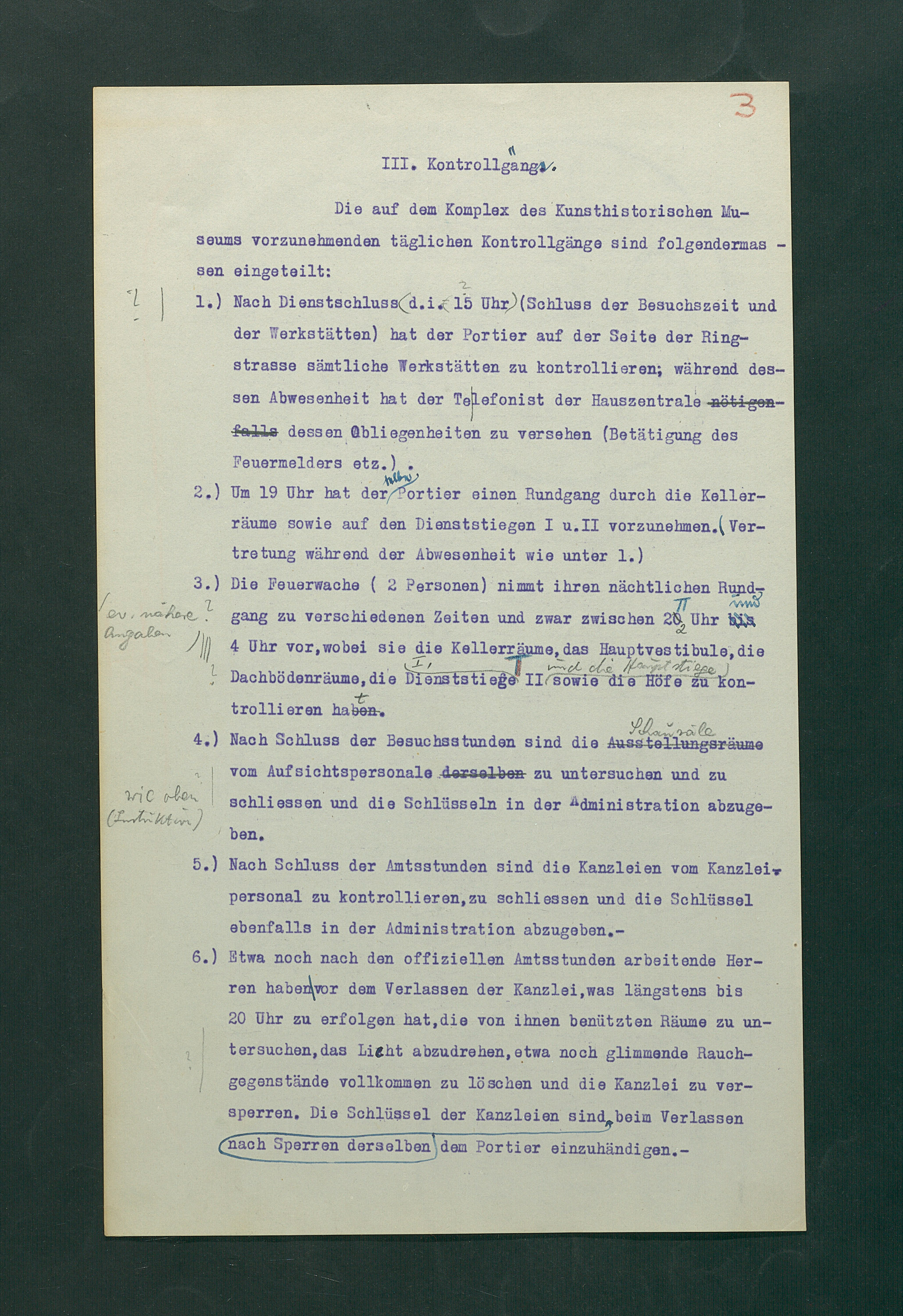 Entwurf einer Feuerlöschordnung für das Kunsthistorische Museum, 1926