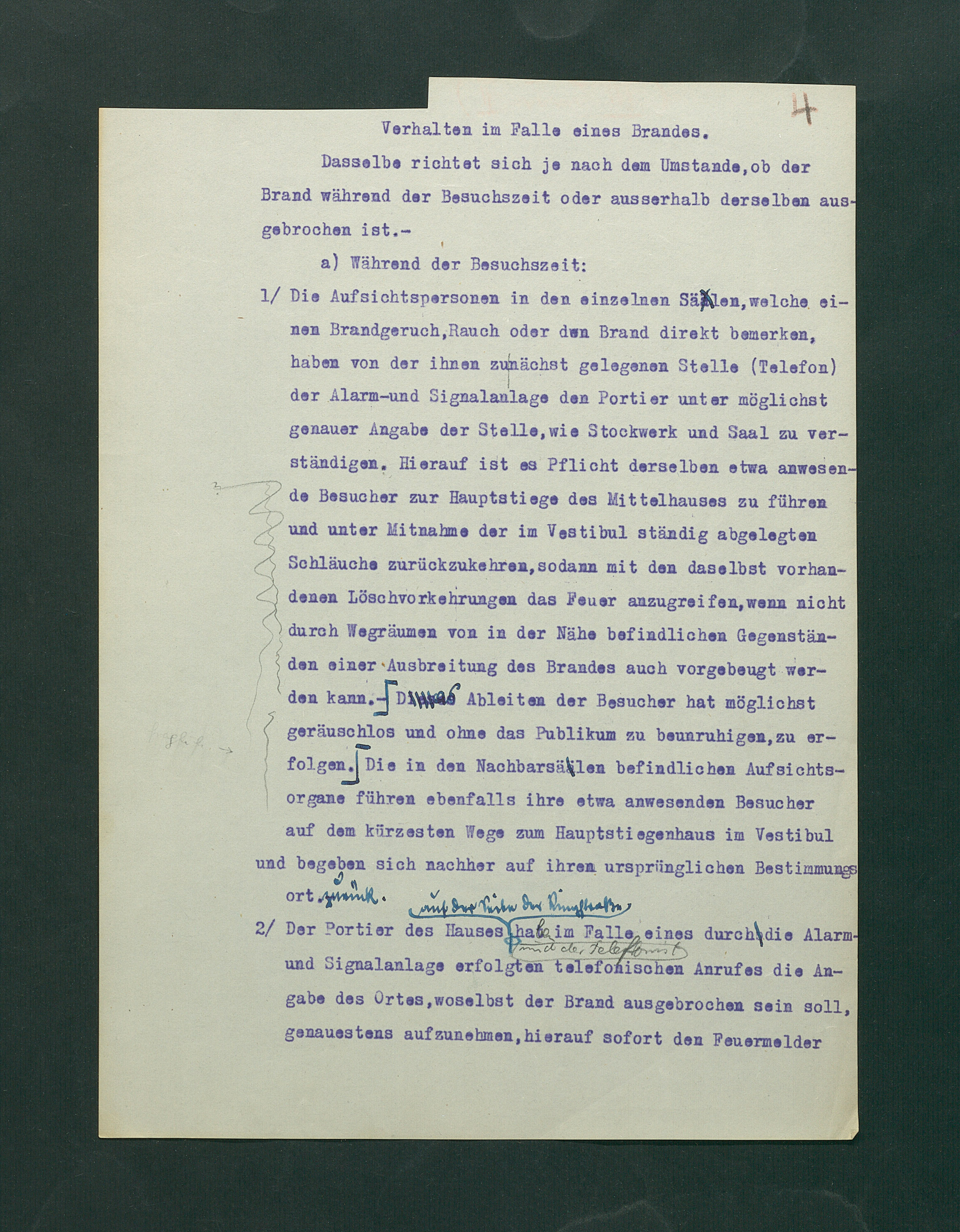 Entwurf einer Feuerlöschordnung für das Kunsthistorische Museum, 1926