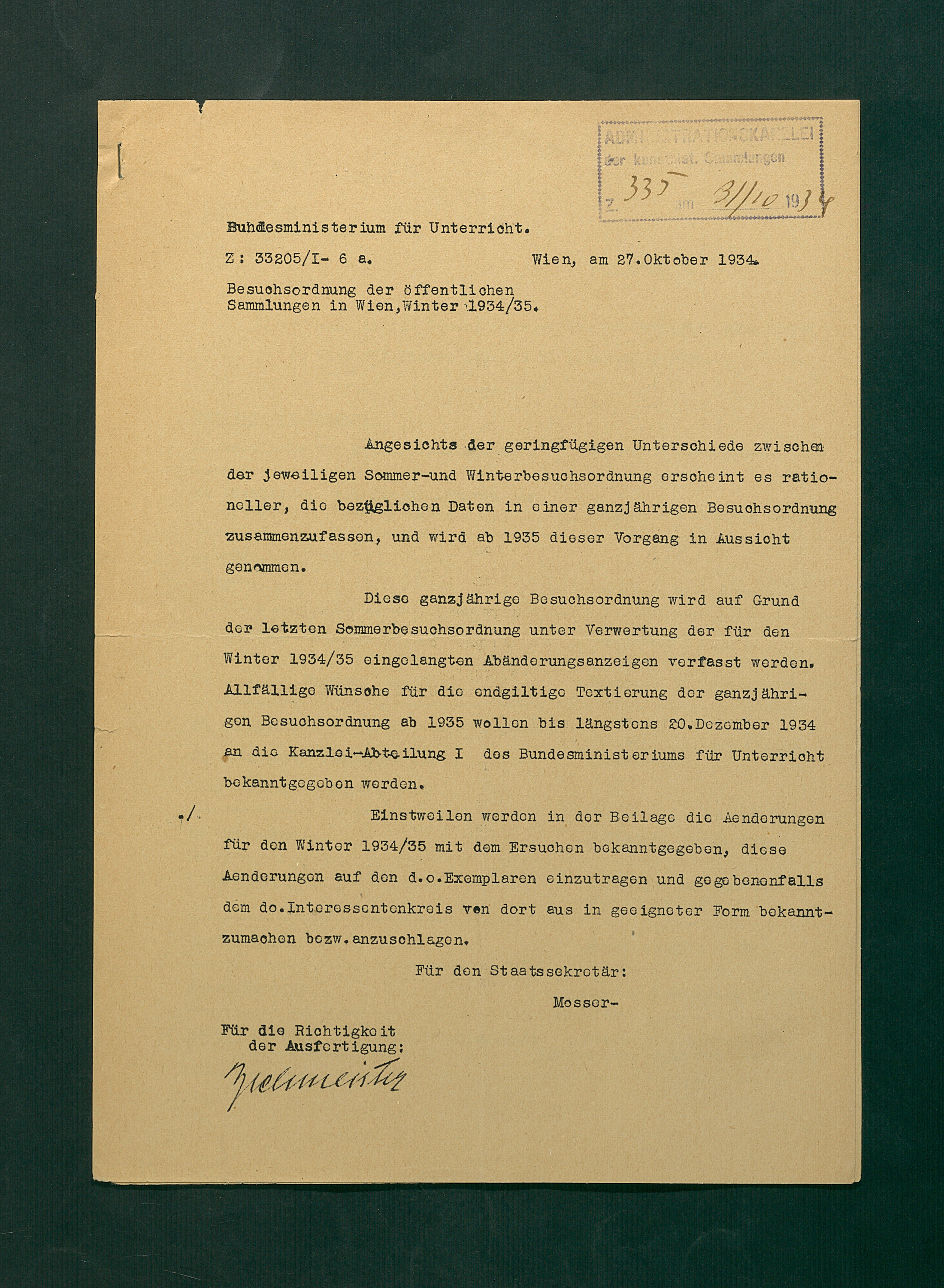 Besuchsordnung der öffentlichen Sammlungen in Wien, Winter 1934/35