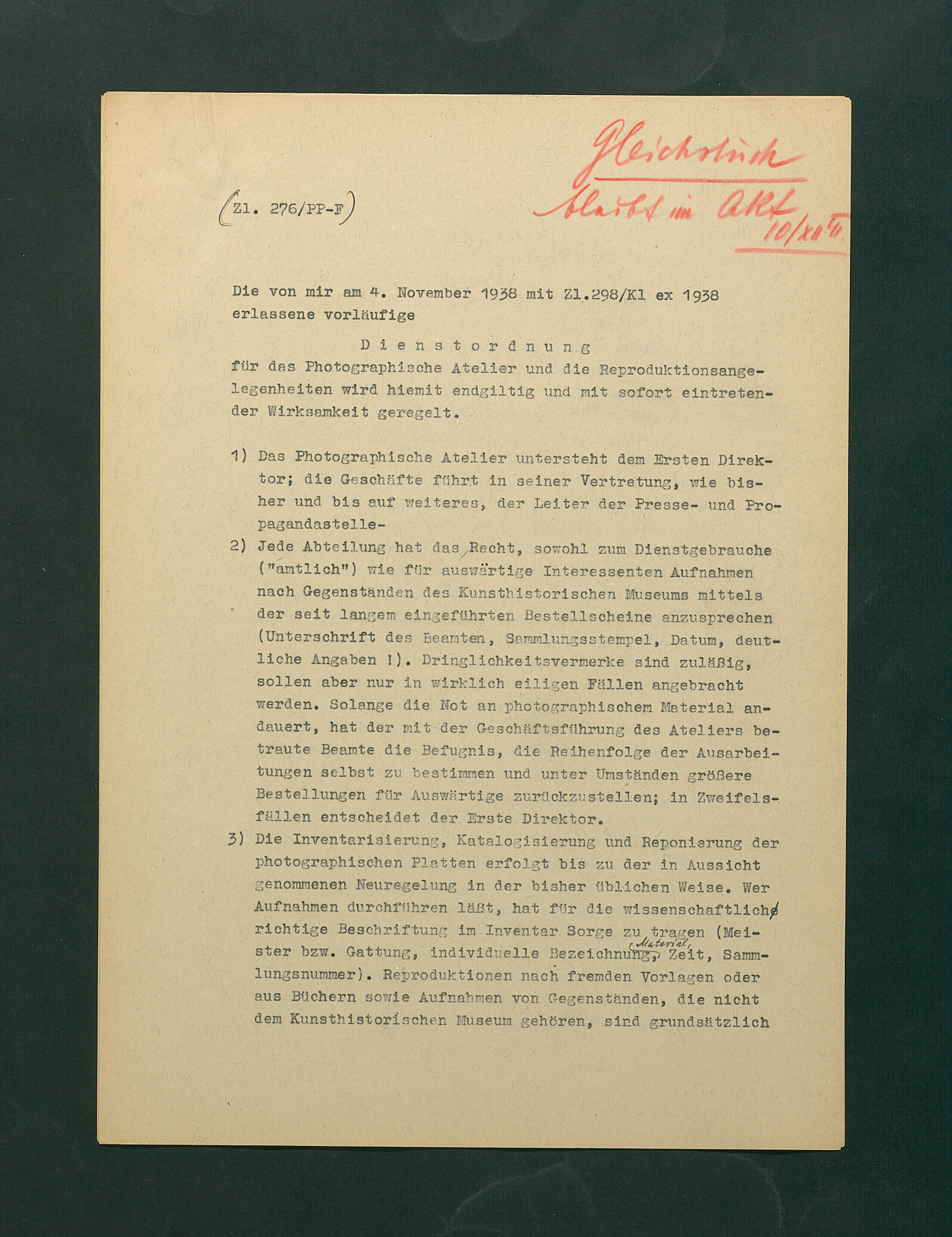 Dienstordnung für das photographische Atelier und Reproduktionsangelegenheiten