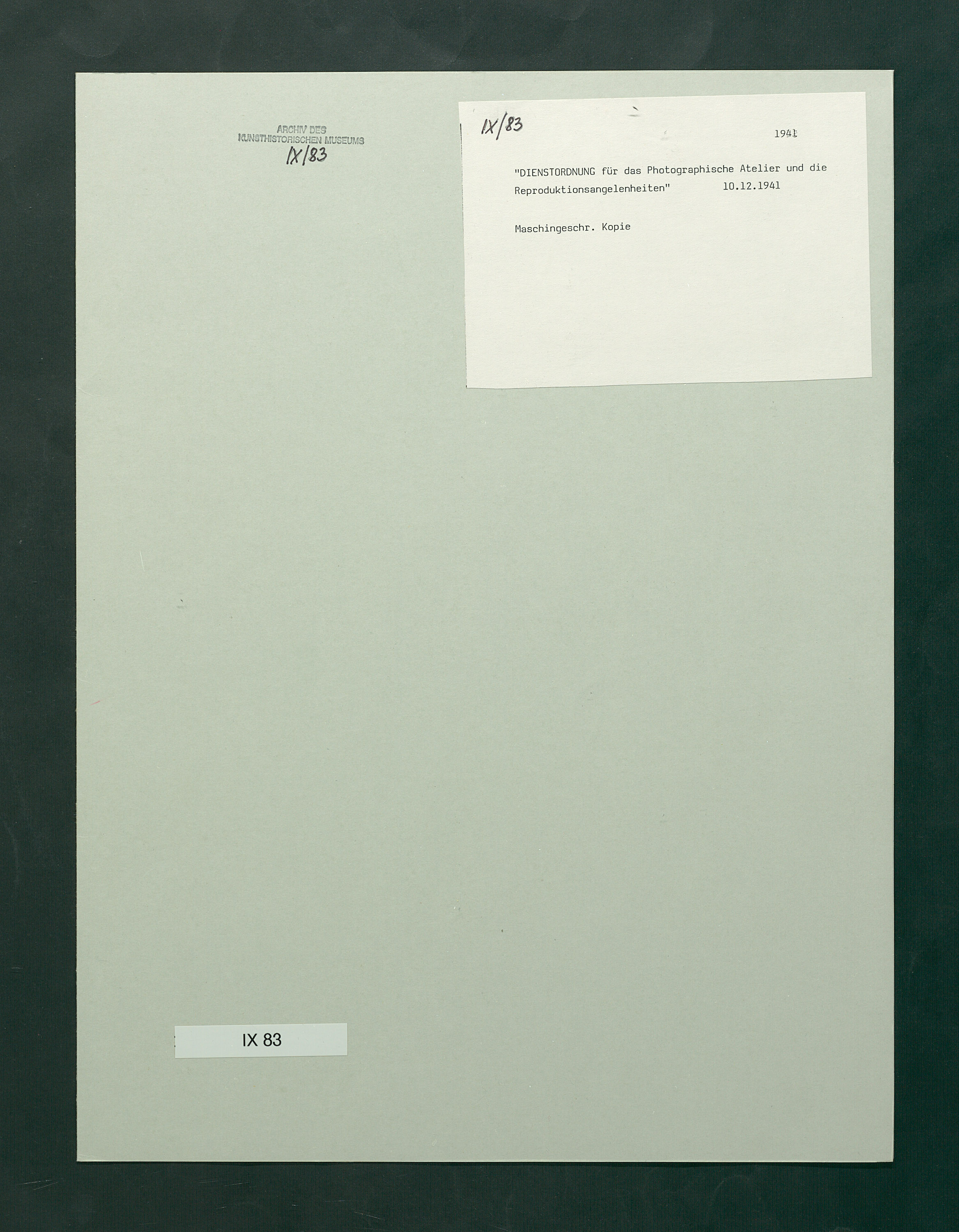 Dienstordnung für das photographische Atelier und Reproduktionsangelegenheiten