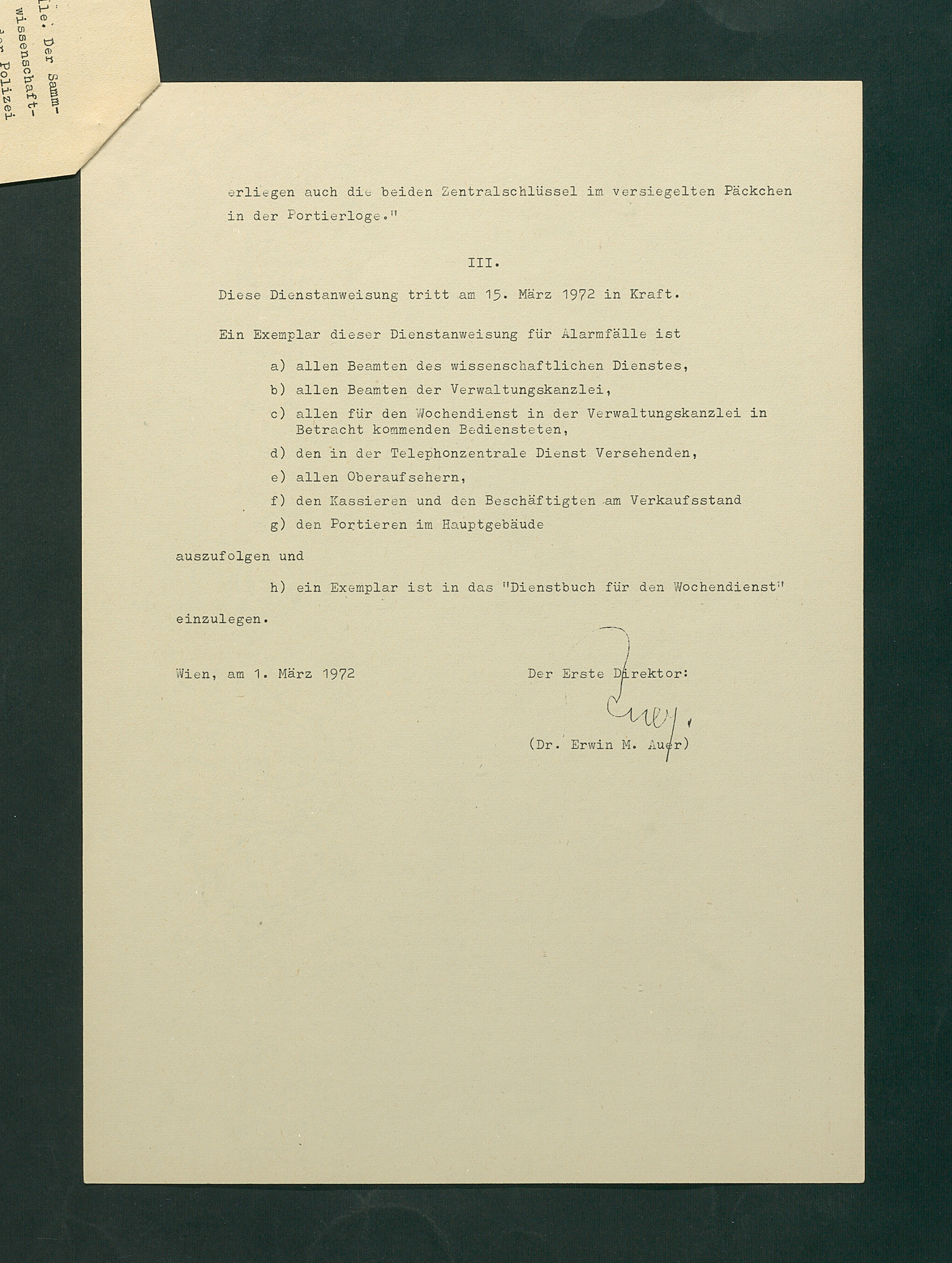Dienstordnung für Alarmfälle im Hauptgebäude des Kunsthistorischen Museums