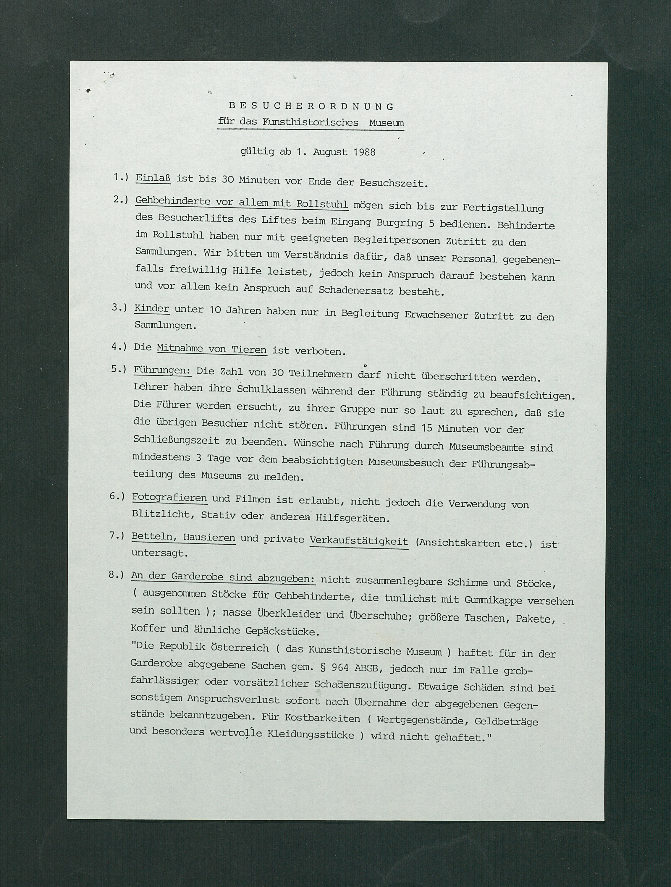 Besucherordnung für das Kunsthistorische Museum, gültig ab 1. August 1988