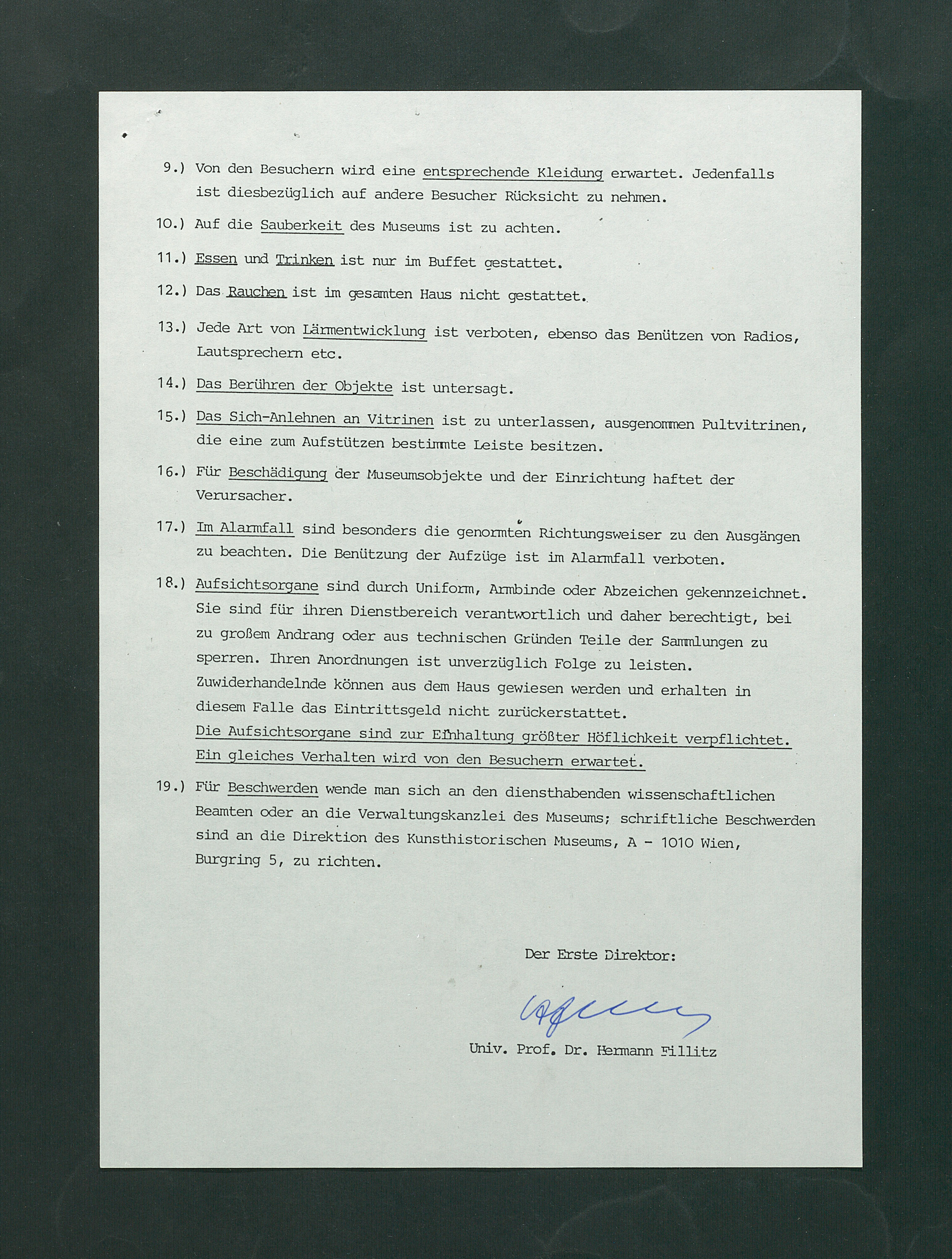 Besucherordnung für das Kunsthistorische Museum, gültig ab 1. August 1988