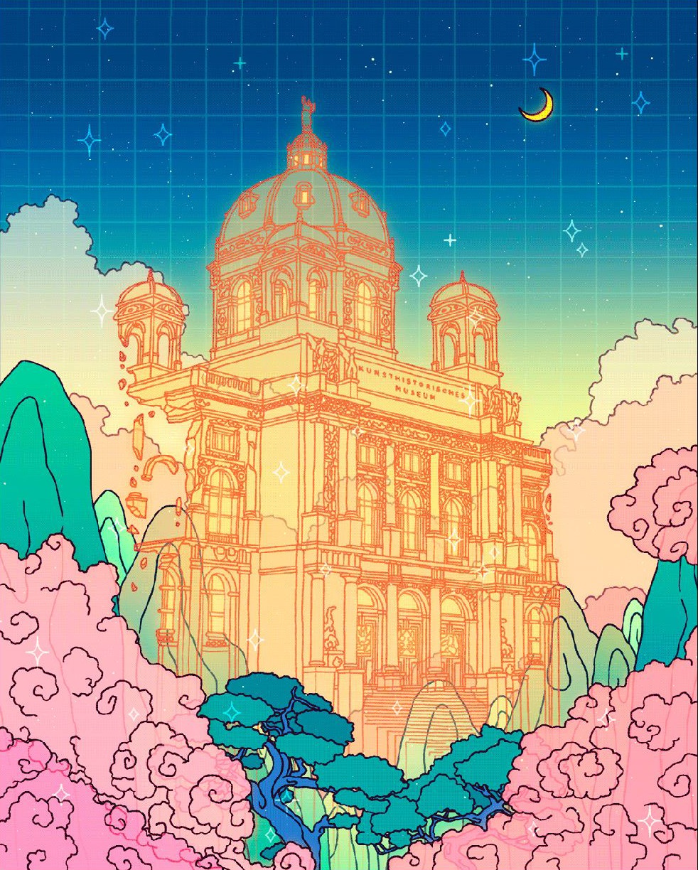 An orange line drawing of the museum's domed building rising from pink clouds and green hills under a starry sky