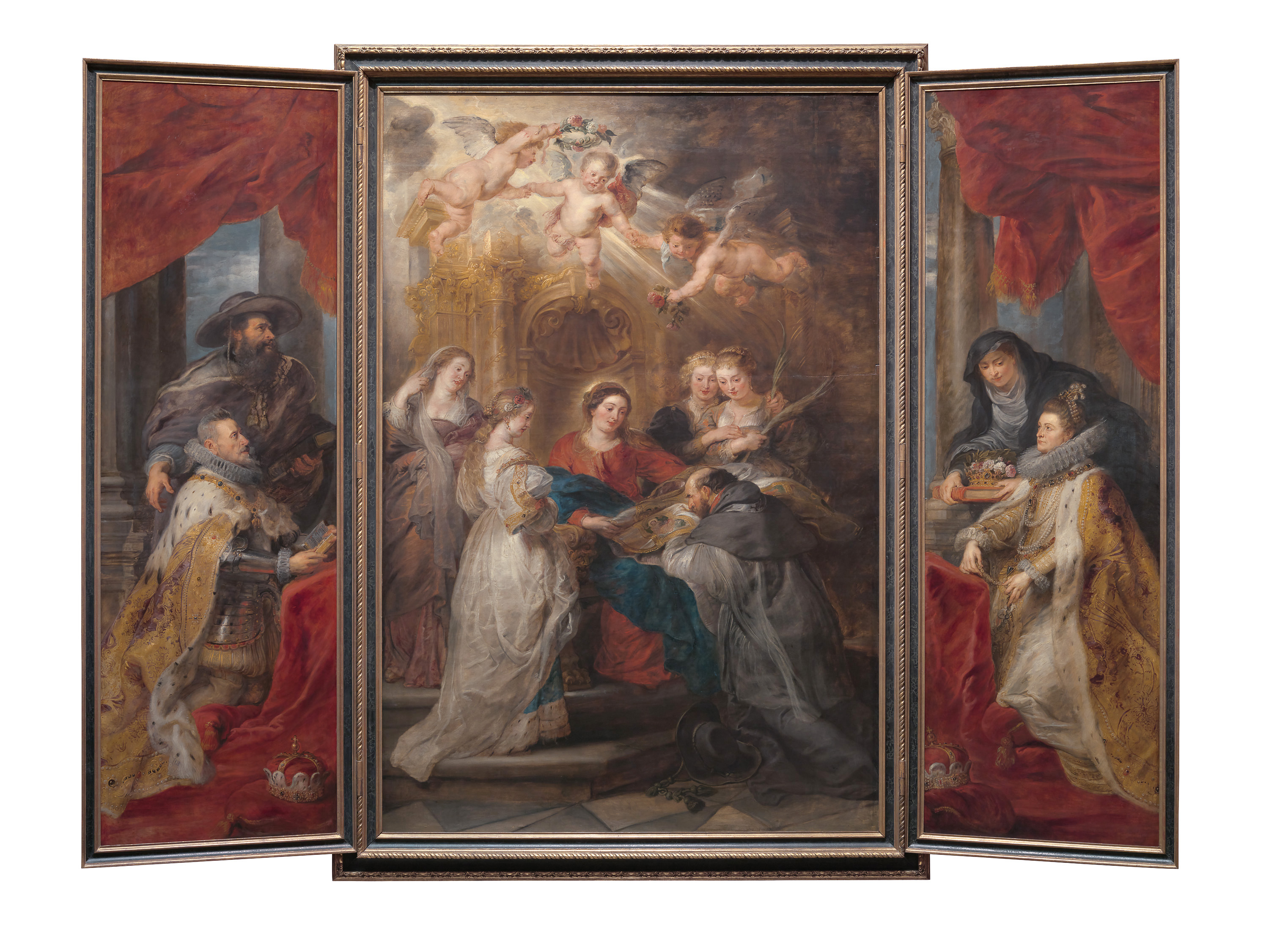 Ildefonso-Altar: Maria erscheint dem hl. Ildefonso (Mittelteil), Erzherzog Albrecht der VII. (linker Innenflügel) bzw. Infantin Isabella Clara Eugenia (rechter Innenflügel), beide mit ihren Schutzpatronen