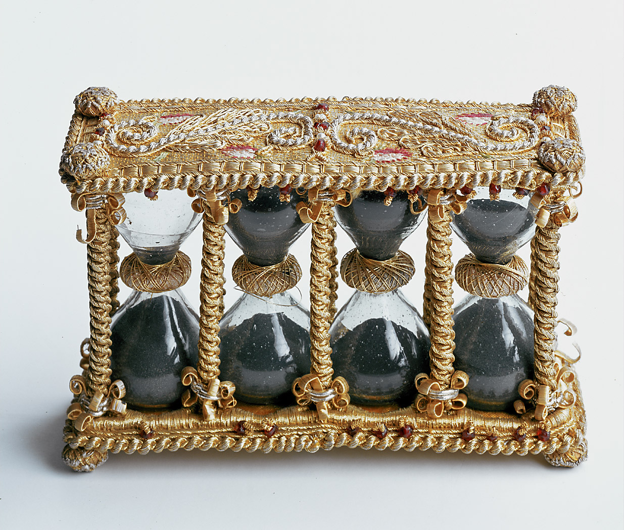 Kästchen mit 4 Sanduhren aus Glas, Sanduhr, Uhr, wissenschaftliches Instrument, Meßgerät