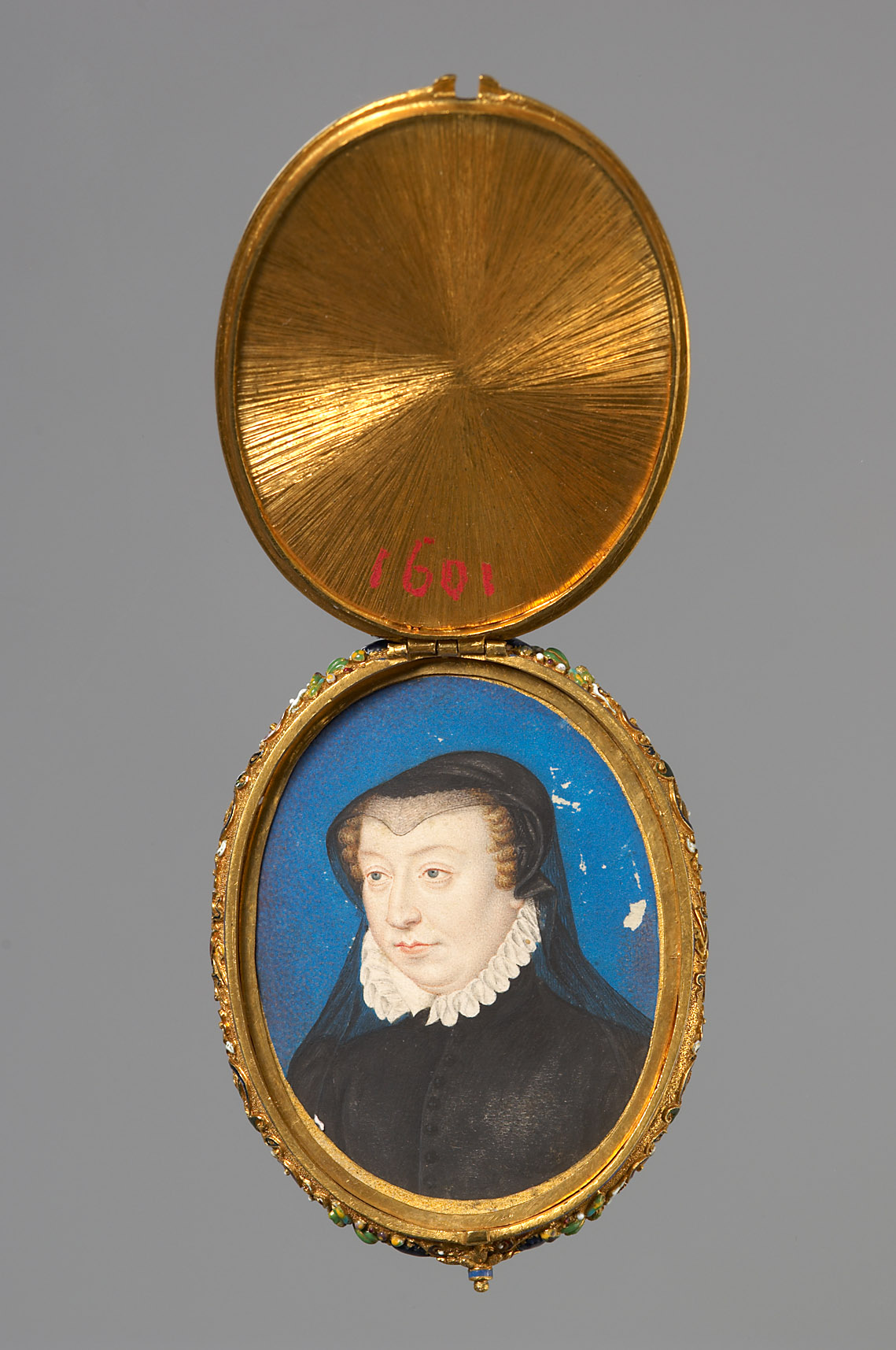 Medaillonkapsel mit den Miniaturbildnissen von Karl IX. v. Frankreich (1550-1574) und seiner Mutter Katharina de´ Medici
