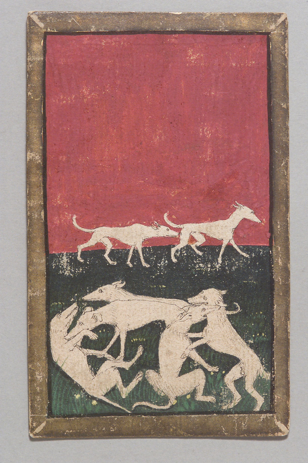 Spielkarte Jagdhunde Sieben aus dem "Ambraser Hofjagdspiel"