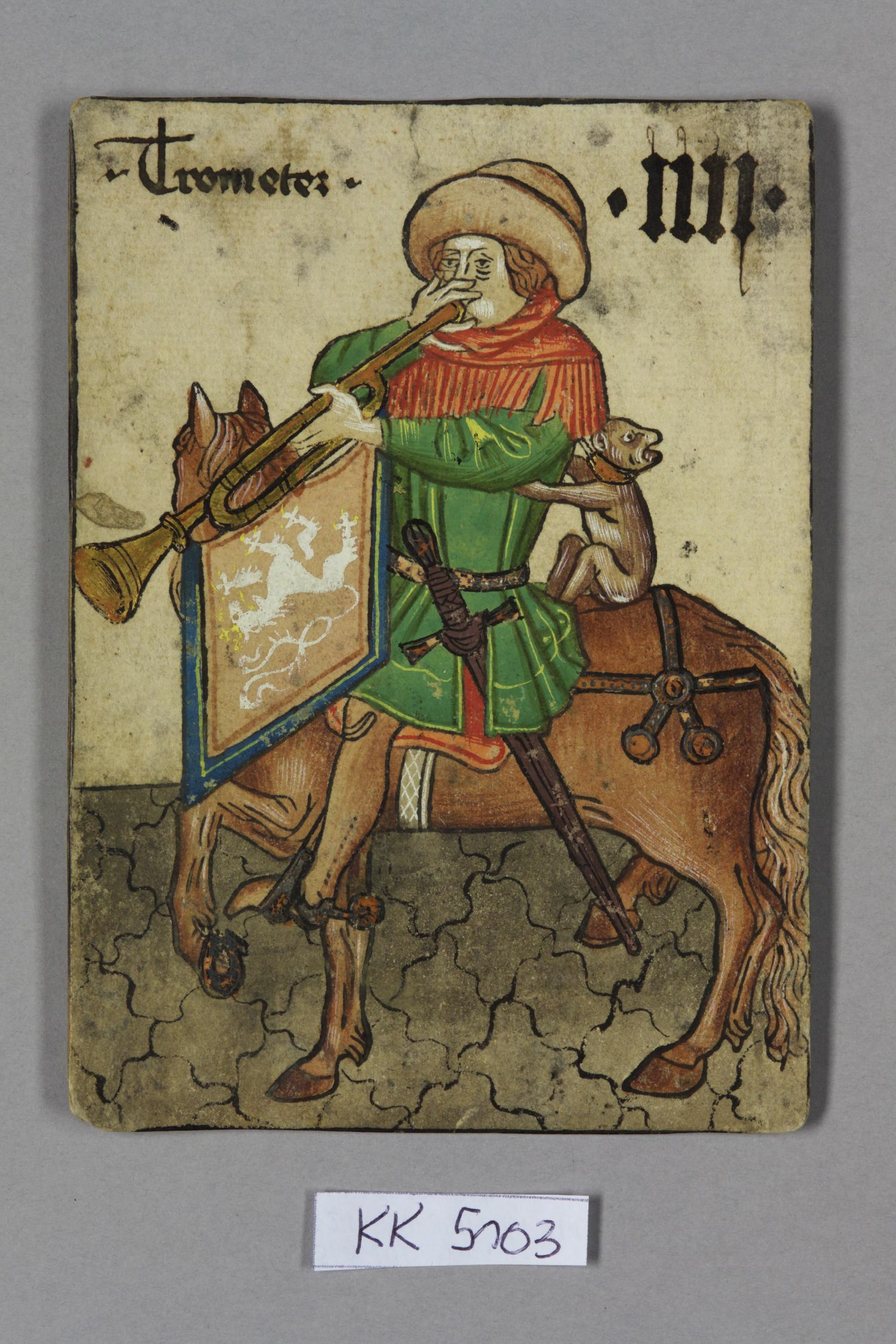 Spielkarte, Böhmen, Trompeter (Vier), aus dem sog. Hofämterspiel