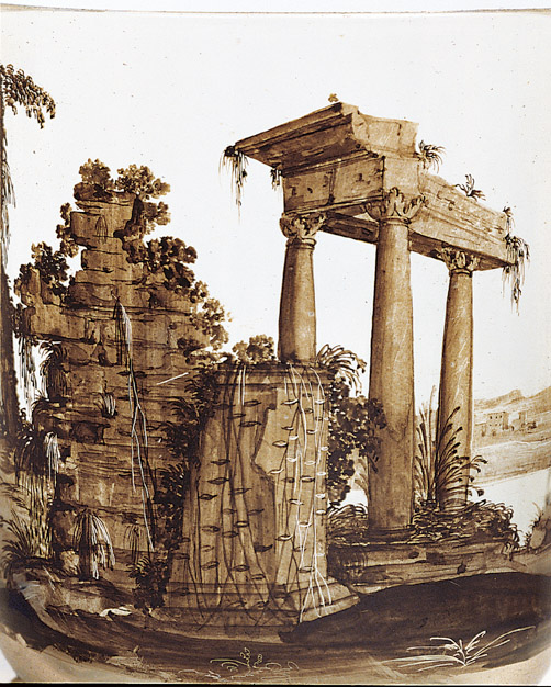 Deckelbecher mit Caritas und Ruinenlandschaft