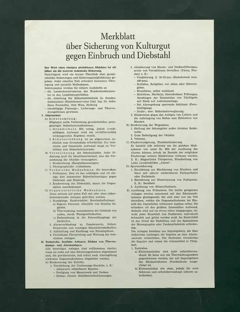 Merkblatt über Sicherung von Kulturgut gegen Einbruch und Diebstahl