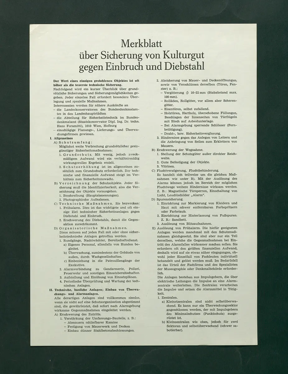 Merkblatt über Sicherung von Kulturgut gegen Einbruch und Diebstahl