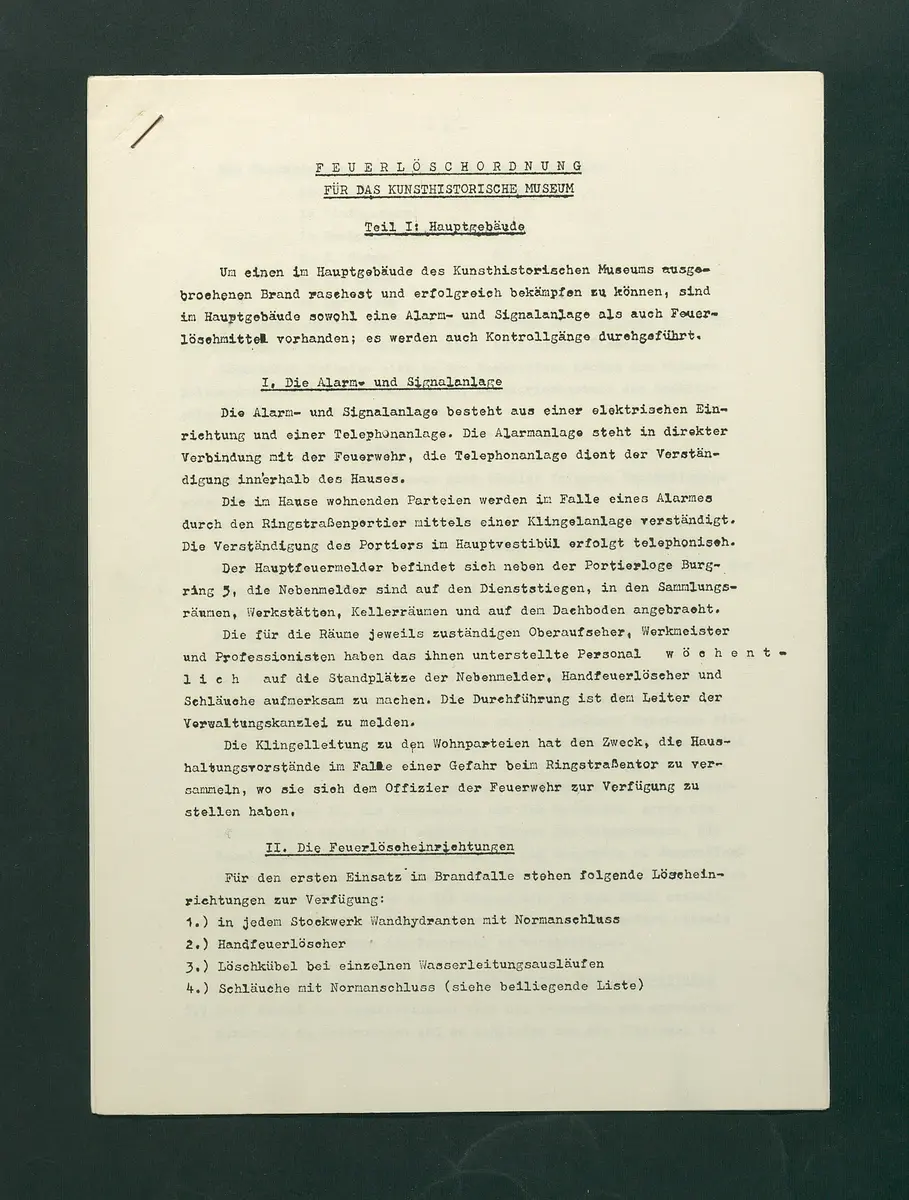 Feuerlöschordnung für das Kunsthistorische Museum, Teil I: Hauptgebäude