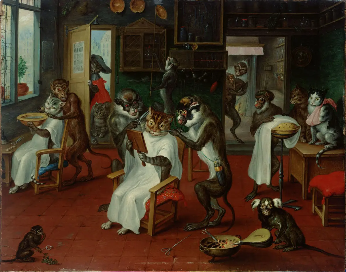 Barbierstube mit Affen und Katzen