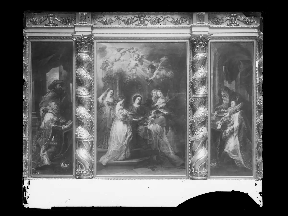 Ildefonso-Altar: Maria erscheint dem Hl. Ildefonso (Mittelteil), Erzherzog Albrecht der VII. (linker Innenflügel) bzw. Infantin Isabella Clara Eugenia (rechter Innenflügel), beide mit ihren Schutzpatronen
