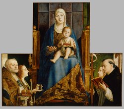 Maria mit Kind und den hll. Nikolaus von Bari, Anastasia (?), Ursula, Dominikus und (vom Rahmen überschnitten) Helena